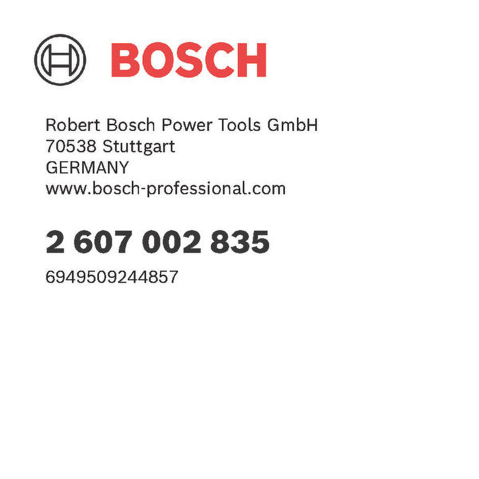 Bosch logosu ve metni olan beyaz arka plan. Metin, şirket adını, adresi ve ürün kodunu içerir.