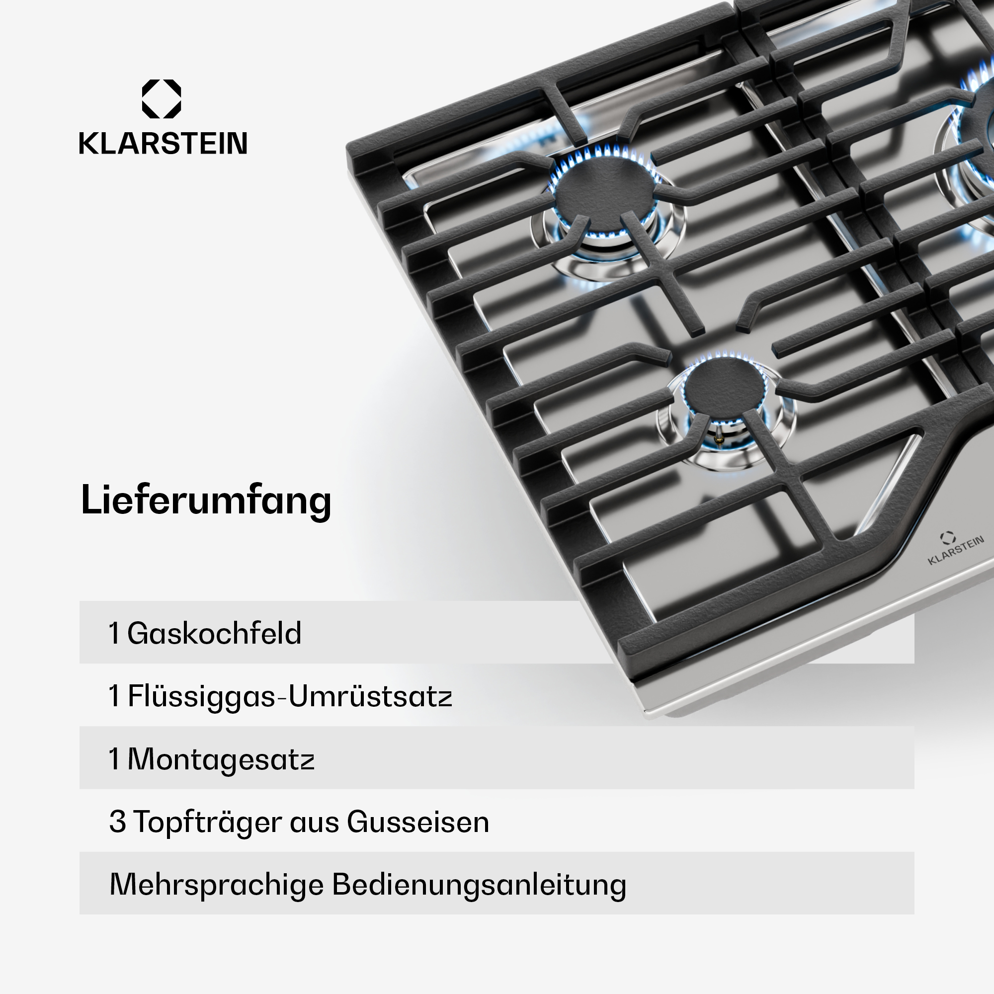 Ein Gaskochfeld mit blauen Flammen wird gezeigt. Das Klarstein-Logo befindet sich oben links. Der Text lautet 'Lieferumfang'.