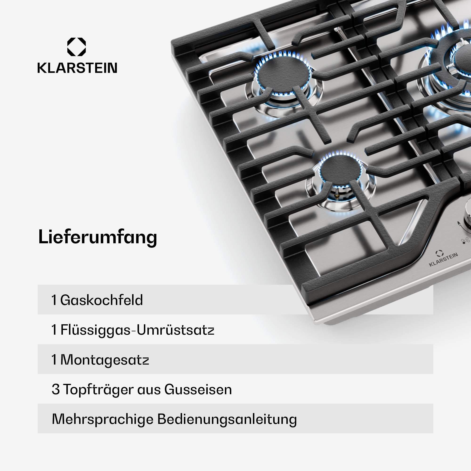 Ein Gaskochfeld mit blauen Flammen. Das Klarstein-Logo befindet sich oben links. Der Text lautet 'Lieferumfang'.