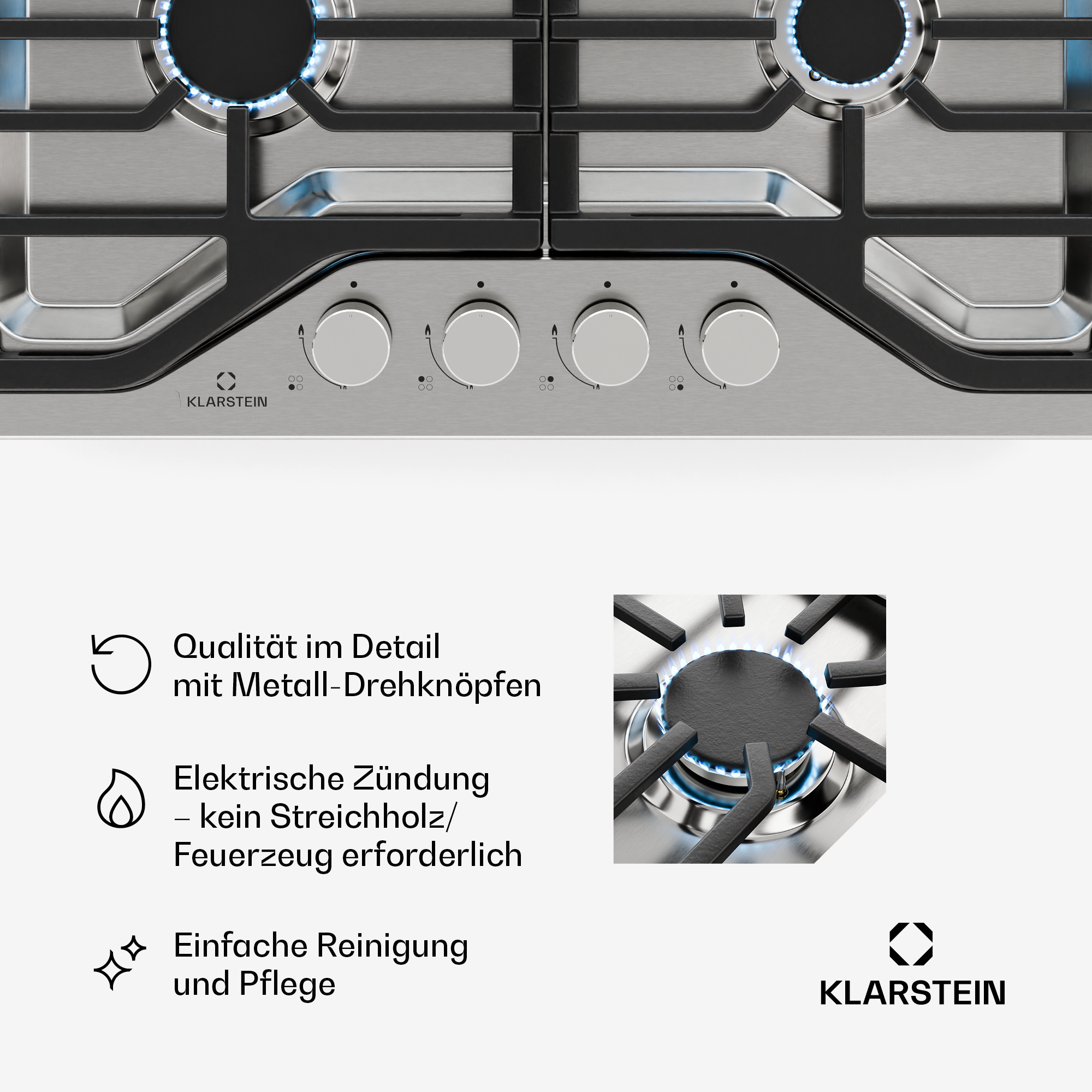 Nahaufnahme des Gaskochfelds mit blauer Flamme und silbernen Knöpfen. Text beschreibt Merkmale wie Metallknöpfe, elektrische Zündung.