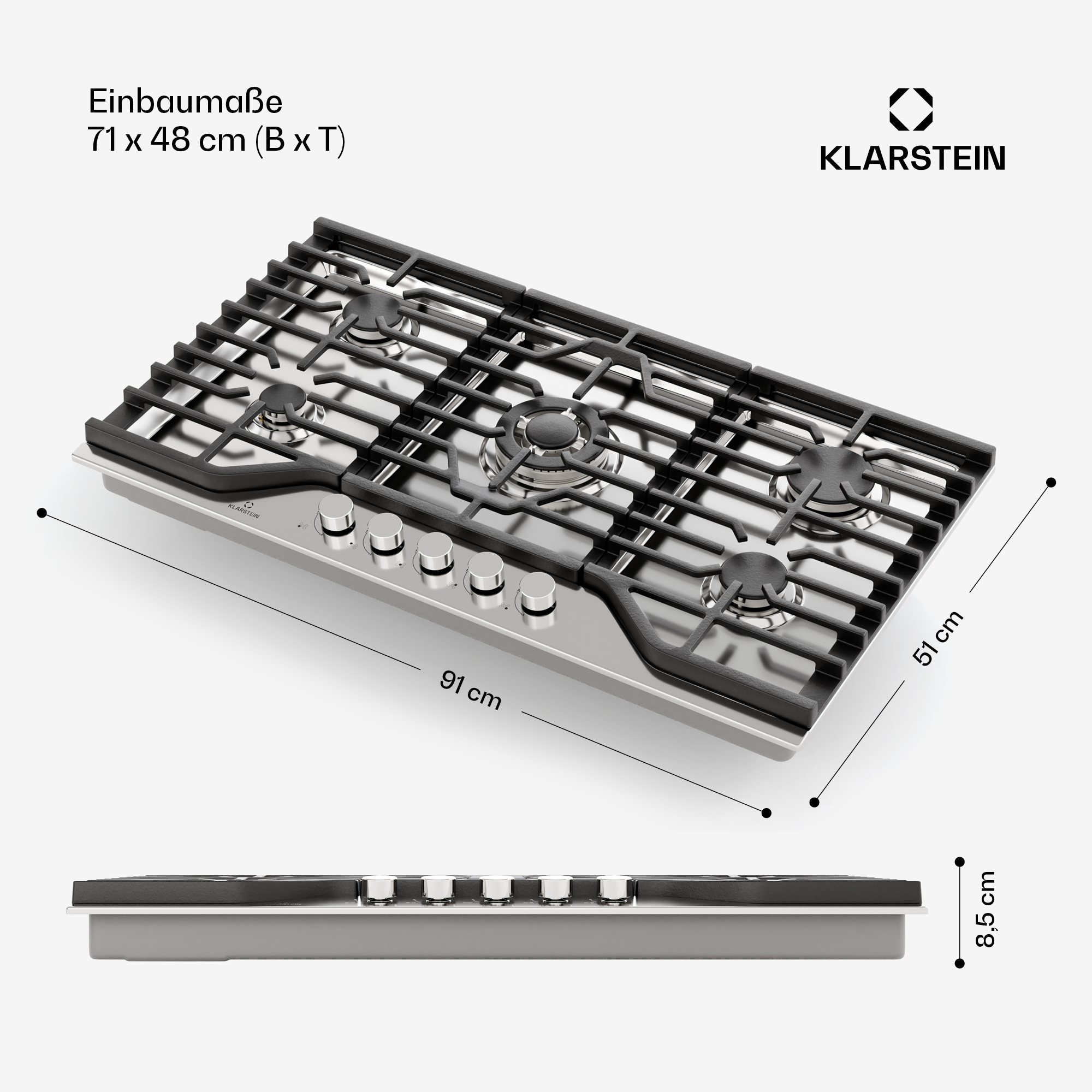 Draufsicht auf ein silbernes Gaskochfeld mit schwarzen Rosten. Abmessungen werden angezeigt. Klarstein-Logo sichtbar.