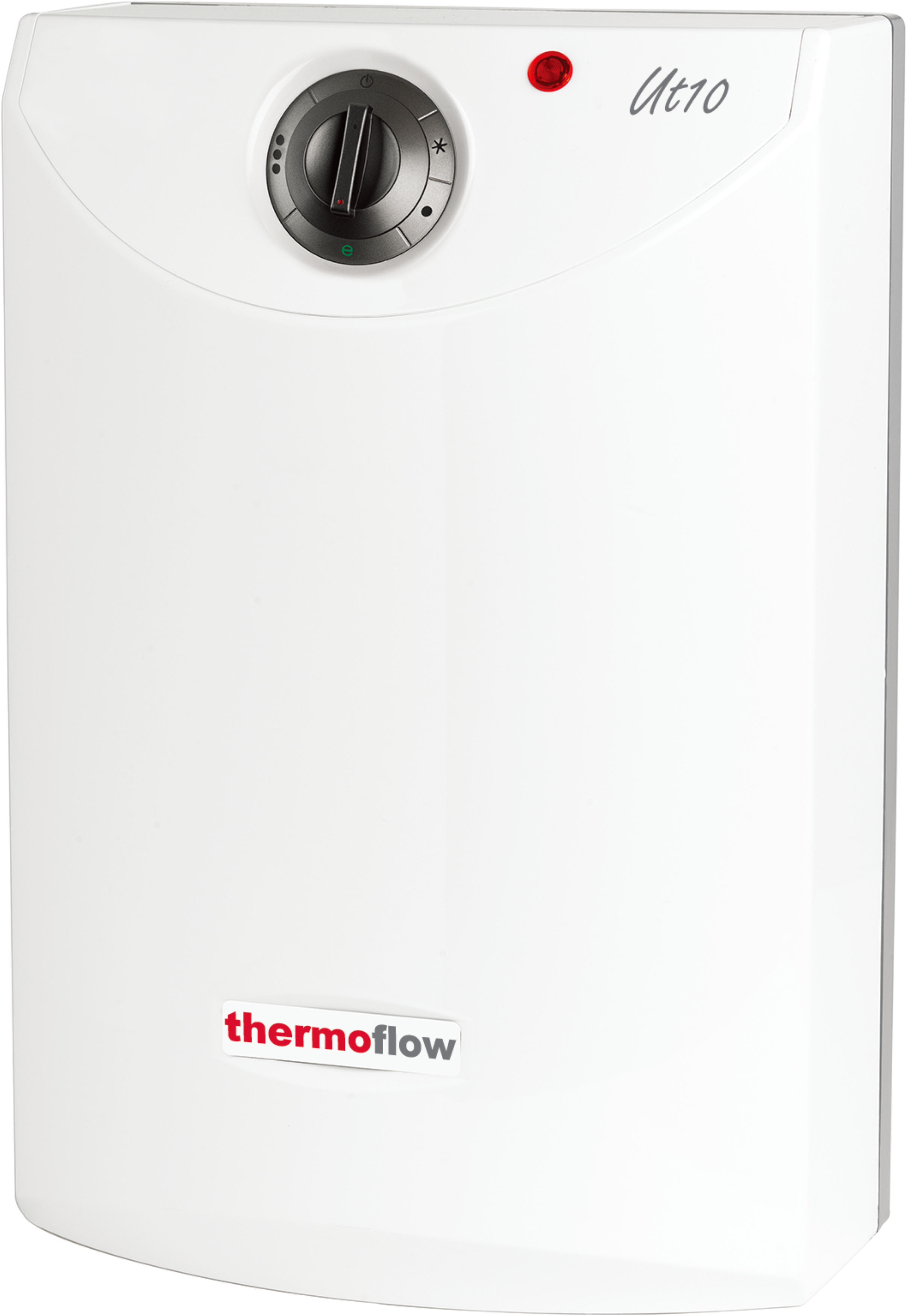 Weißer ThermoFlow-Warmwasserbereiter. Kreisförmige Steuerung oben, rotes Licht. Schwarz-Weiß-Details. Logo unten.