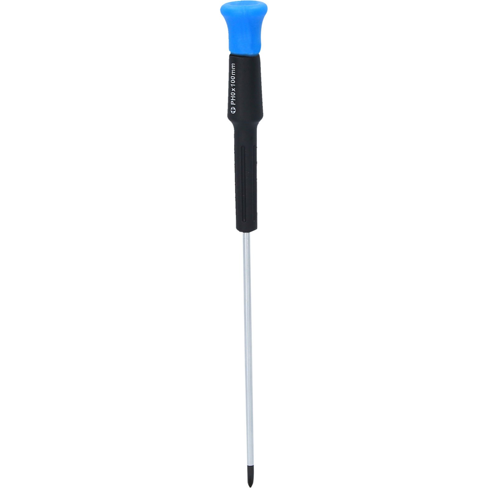 Ein Schraubendreher mit blauem Kopf, schwarzem Griff und silbernem Schaft. Die Spitze ist ein Kreuzschlitz.