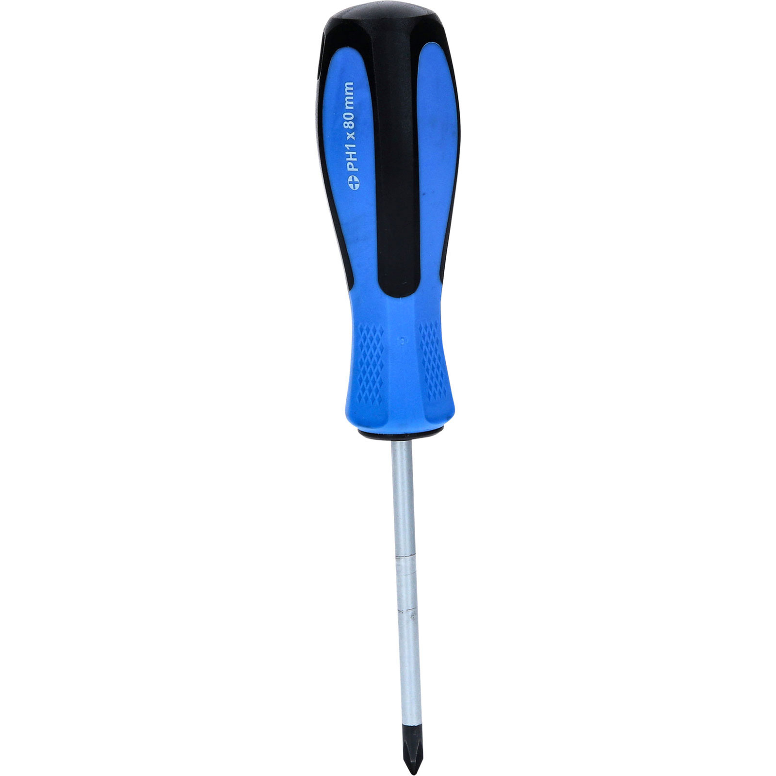 Ein blau-schwarz-farbiger Schraubendreher mit silbernem Schaft. Es ist ein Phillips-Schraubendreher.