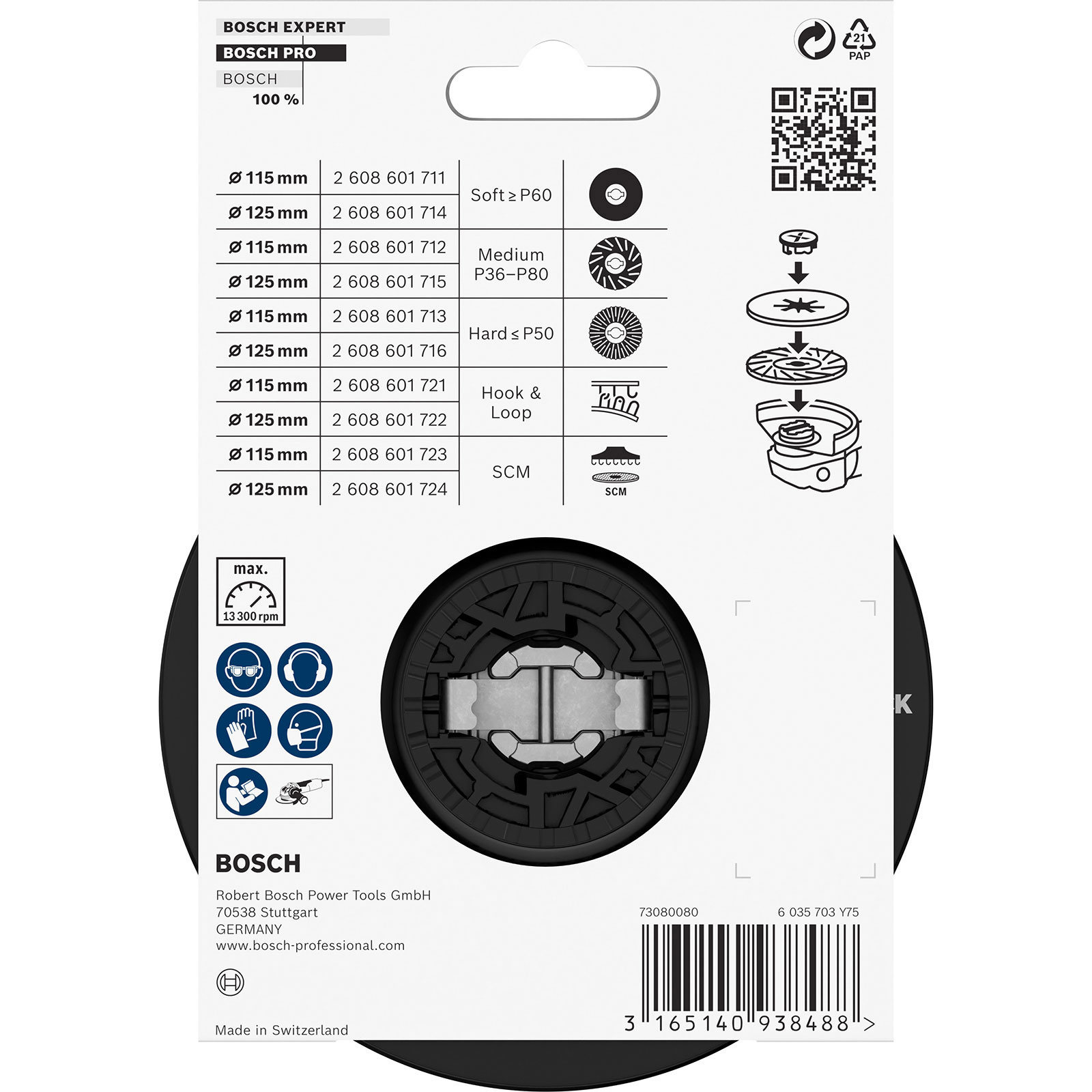 Bosch Produktverpackung. Schwarz und Weiß mit Produktdetails. Kreisförmige Scheibe und Produktinformationen. Bosch Pro und Expert Logos.