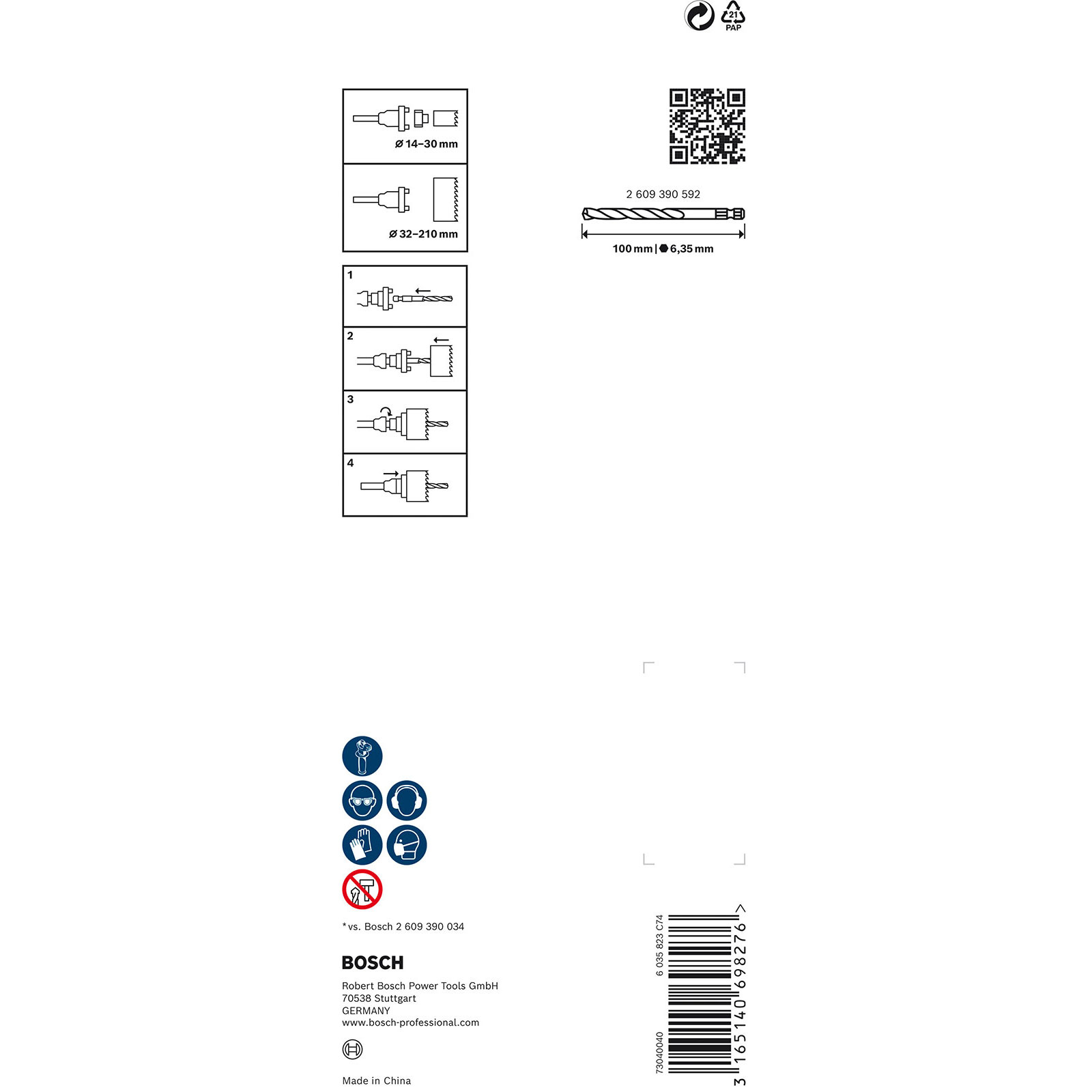 Ein weißer Hintergrund mit Diagrammen, die Bohrer und ihre Größen zeigen. Es gibt Werkzeugsicherheitssymbole.