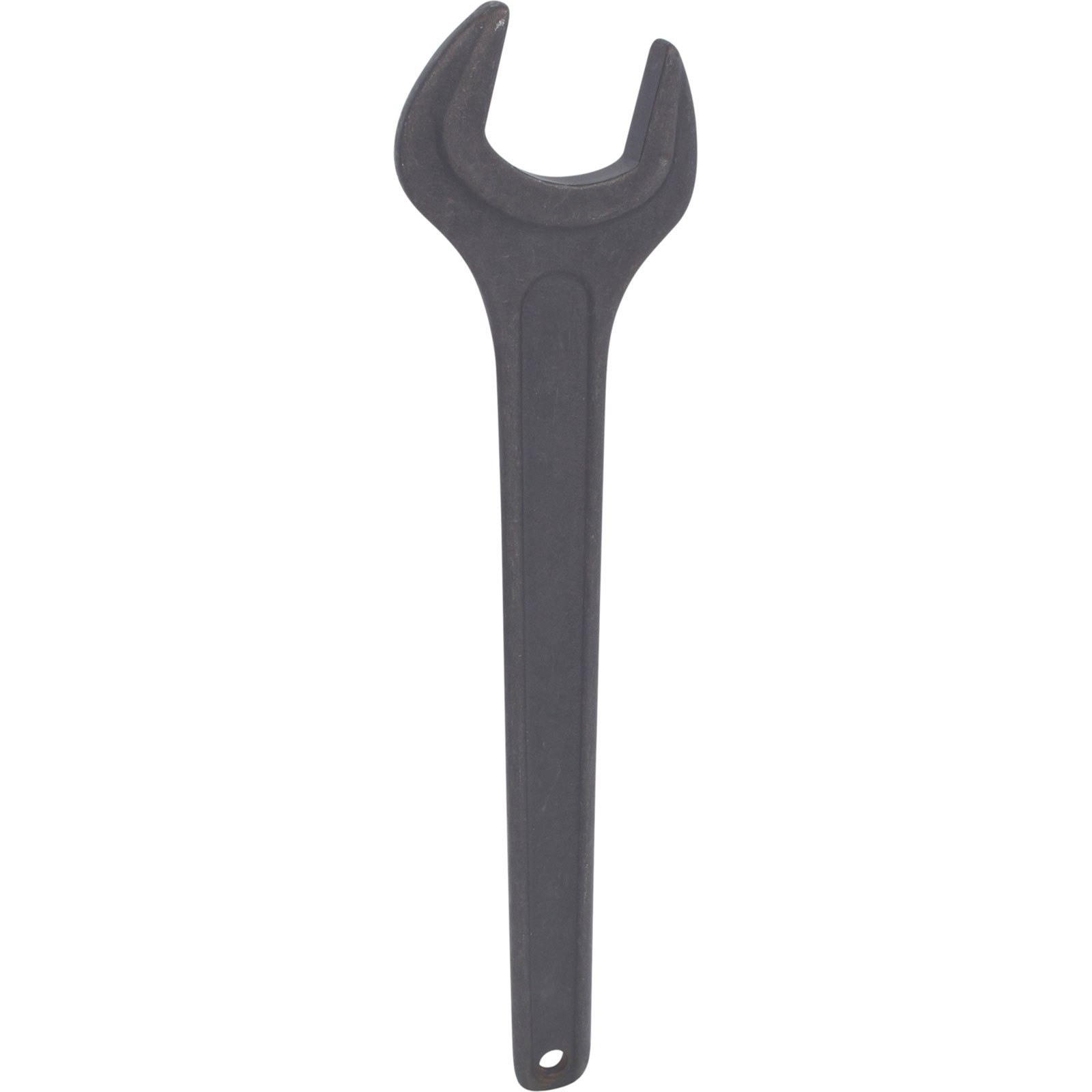Una llave inglesa gris oscuro con un extremo abierto curvado. Está diseñada para apretar pernos.