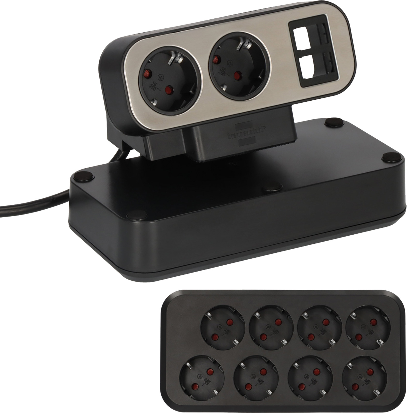 Czarny przedłużacz z dwoma srebrnymi gniazdami i dwoma dodatkowymi miejscami na gniazda.