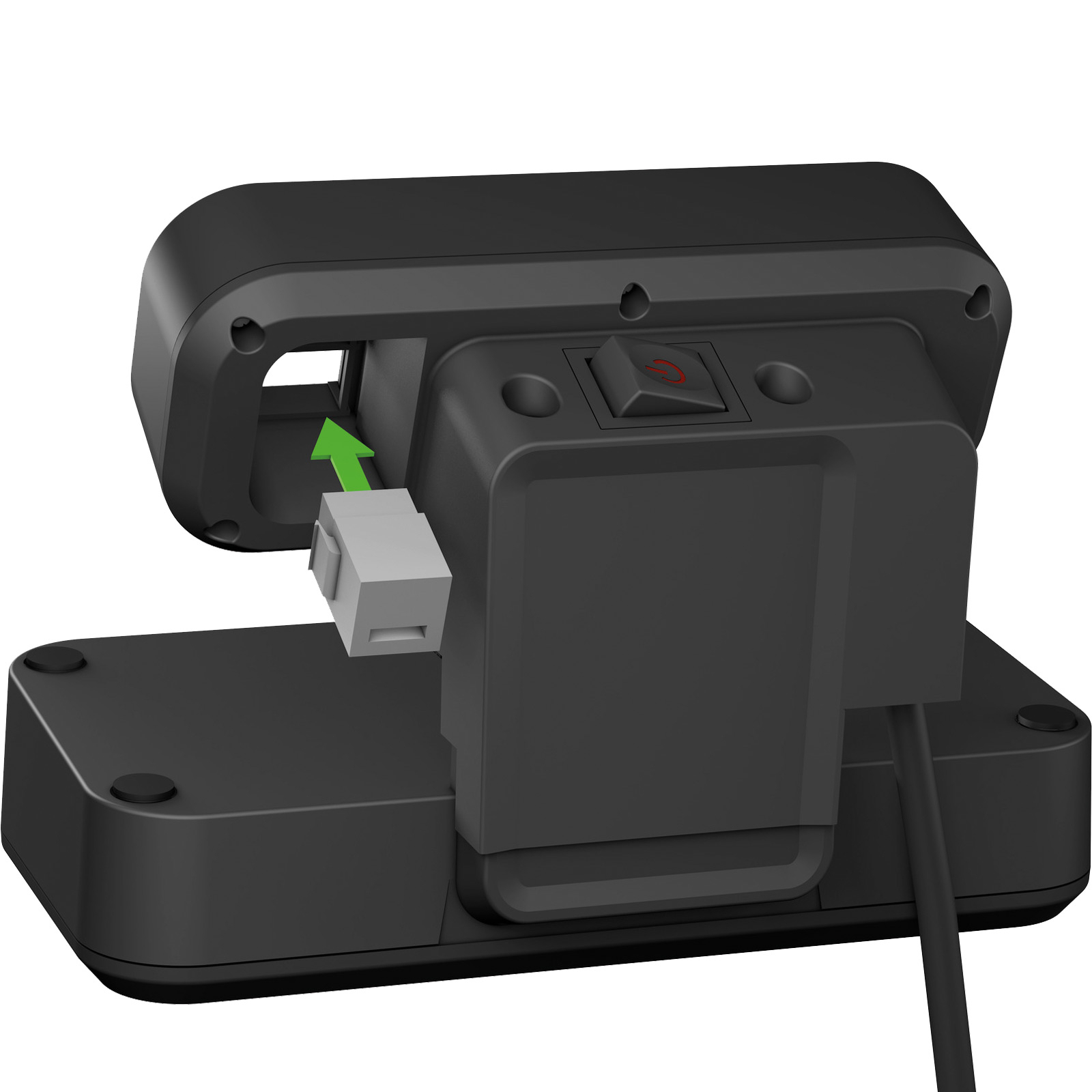 Czarne urządzenie z przyciskiem zasilania i białym złączem, które jest do niego wkładane.