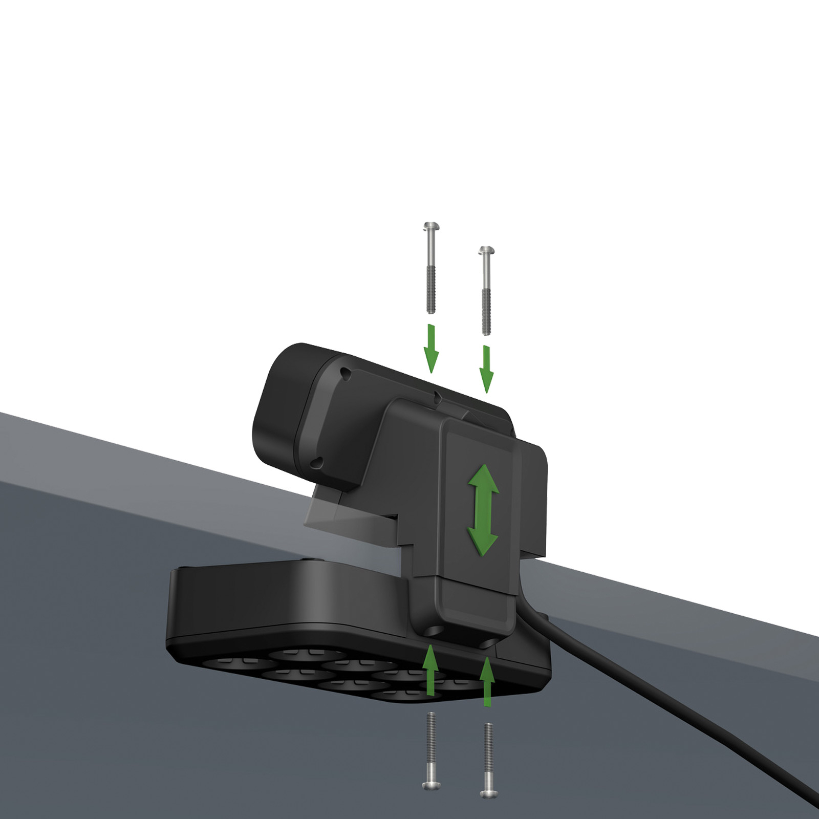 Czarne urządzenie zamontowane na powierzchni, ze śrubami i strzałkami wskazującymi instalację.