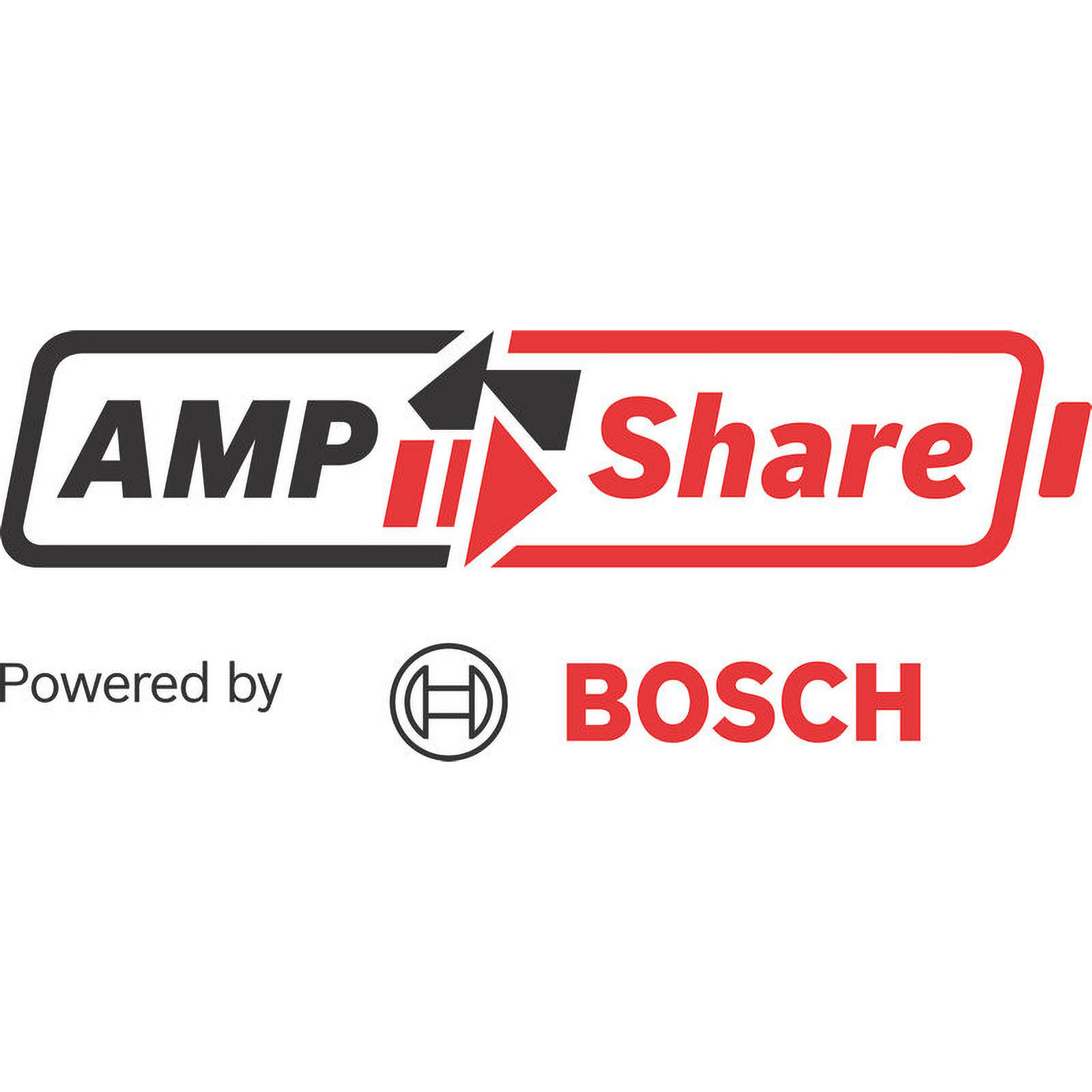 Das 'AMPShare'-Logo, mit 'AMP' und 'Share' in Schwarz und Rot, und 'Powered by Bosch' darunter.