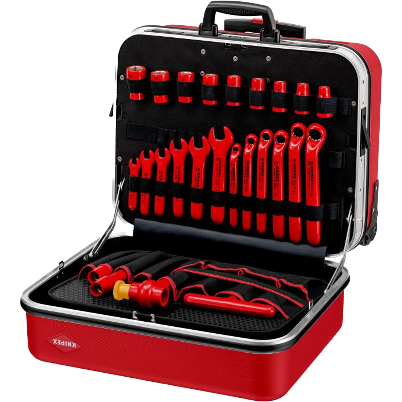 Ein roter Werkzeugkoffer, geöffnet, mit Werkzeugen im Inneren. Die Werkzeuge sind verschiedene Schraubenschlüssel. Der Koffer sagt Knipex.
