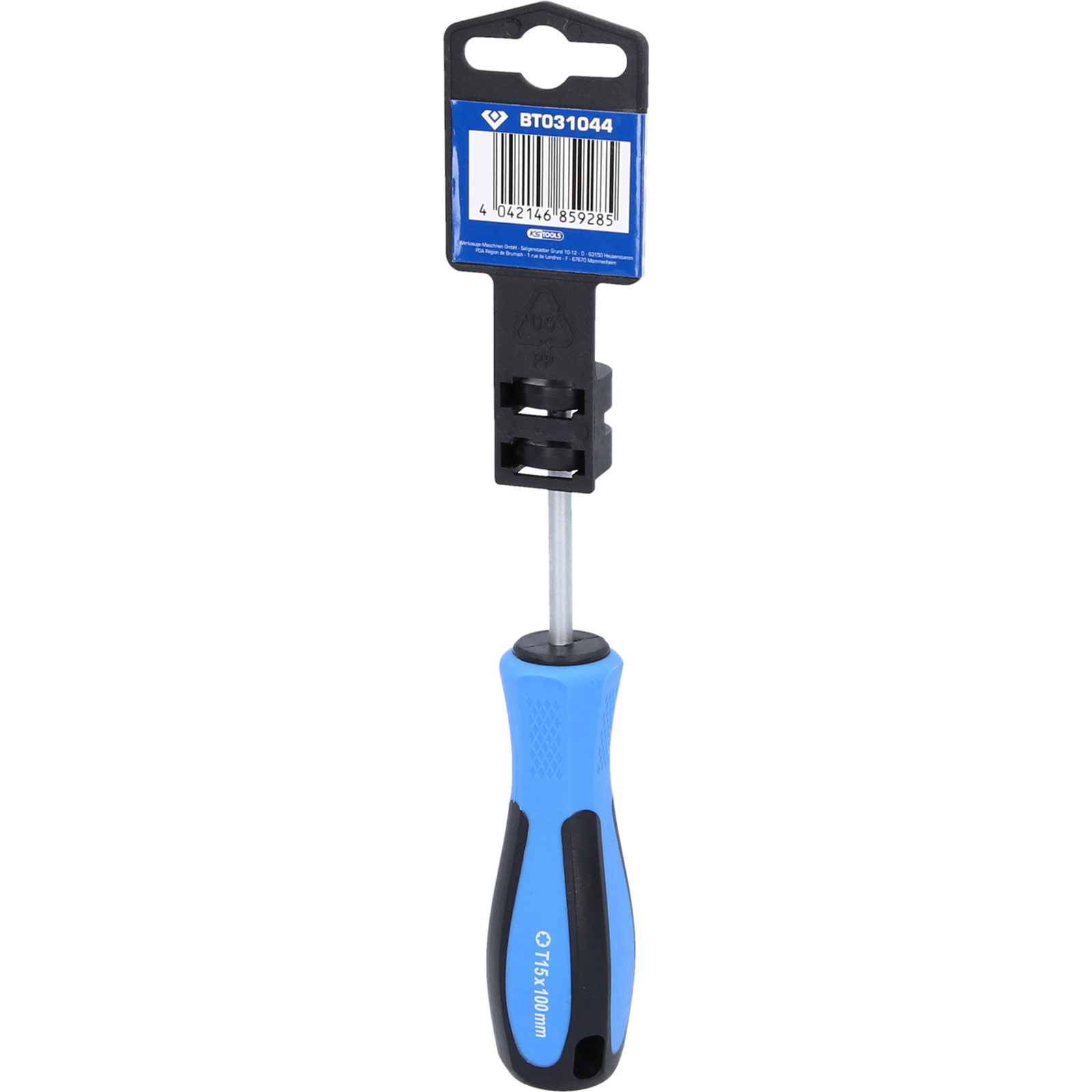 Ein blauer und schwarzer Schraubendreher mit einem angebrachten Etikett. Das Etikett hat den Produktnamen und den Barcode.