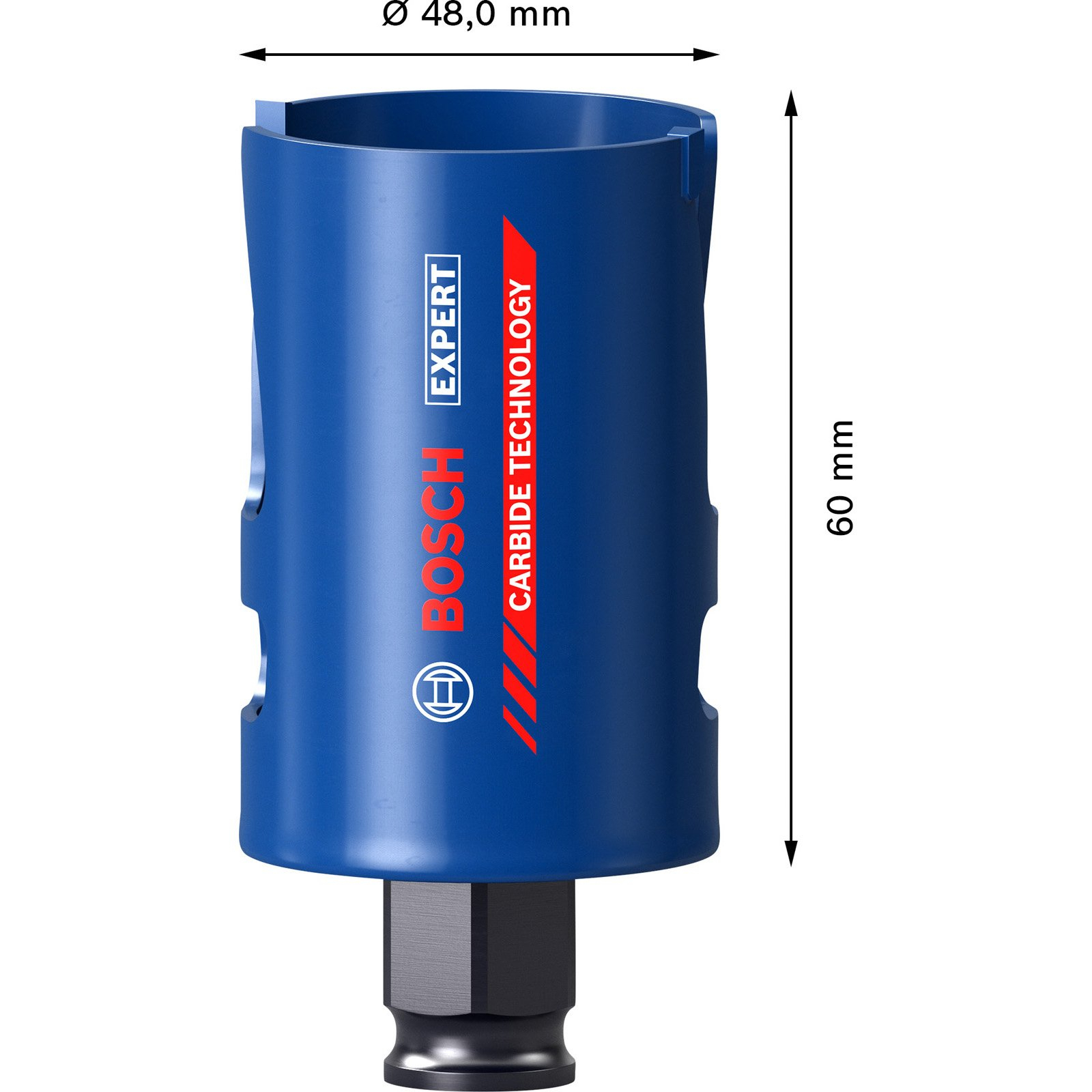 Blaue Bosch Lochsäge mit Hartmetalltechnologie, Abmessungen angegeben.