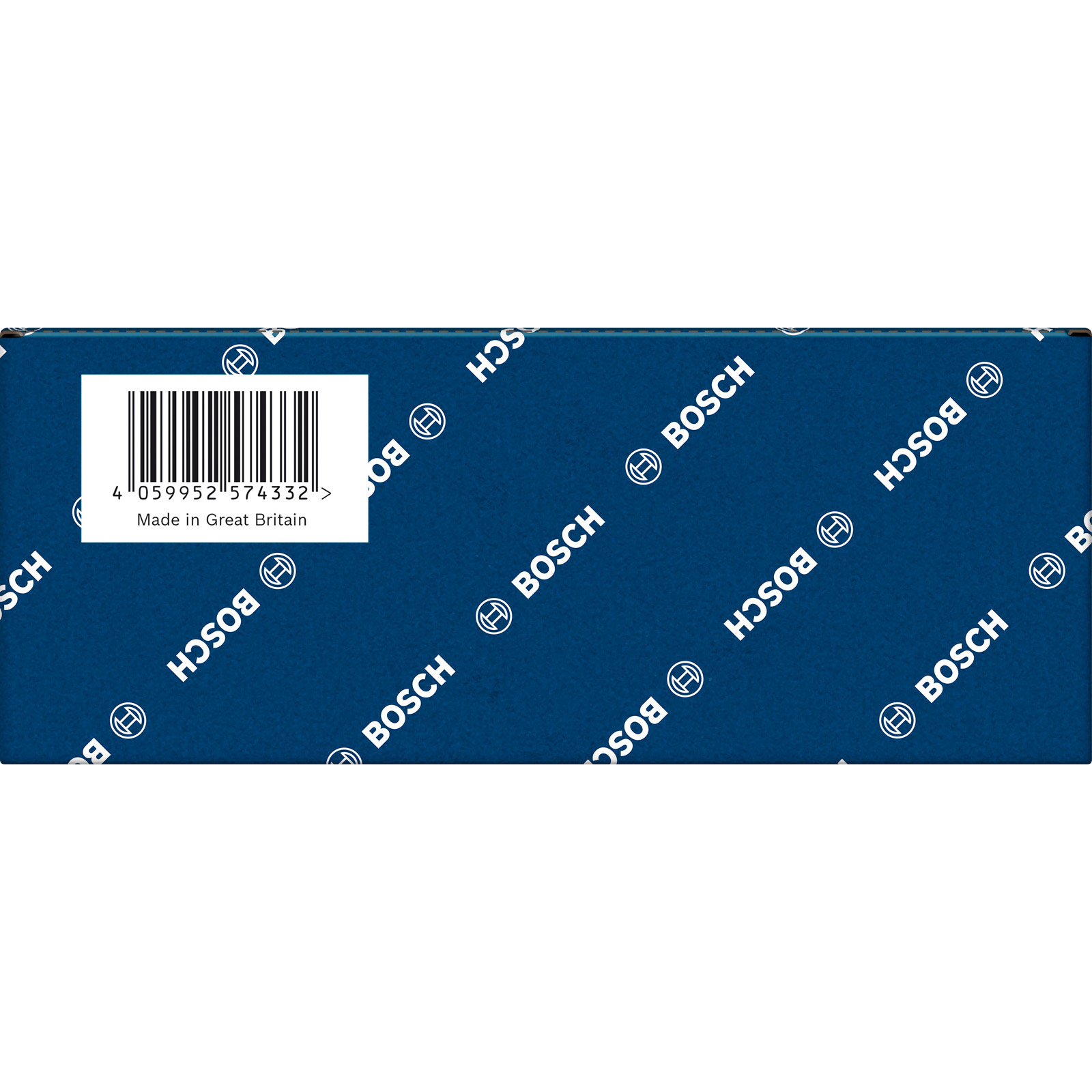 Blaue Bosch-Box mit Barcode und wiederholtem Logo-Muster.