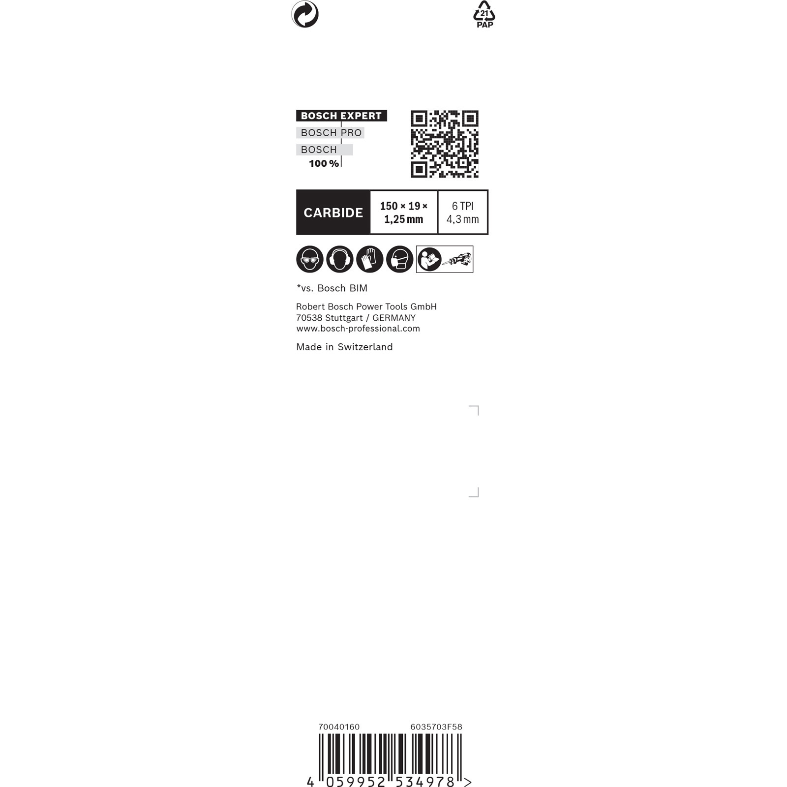 Karta danych produktu Bosch Expert ze specyfikacjami i kodem QR.