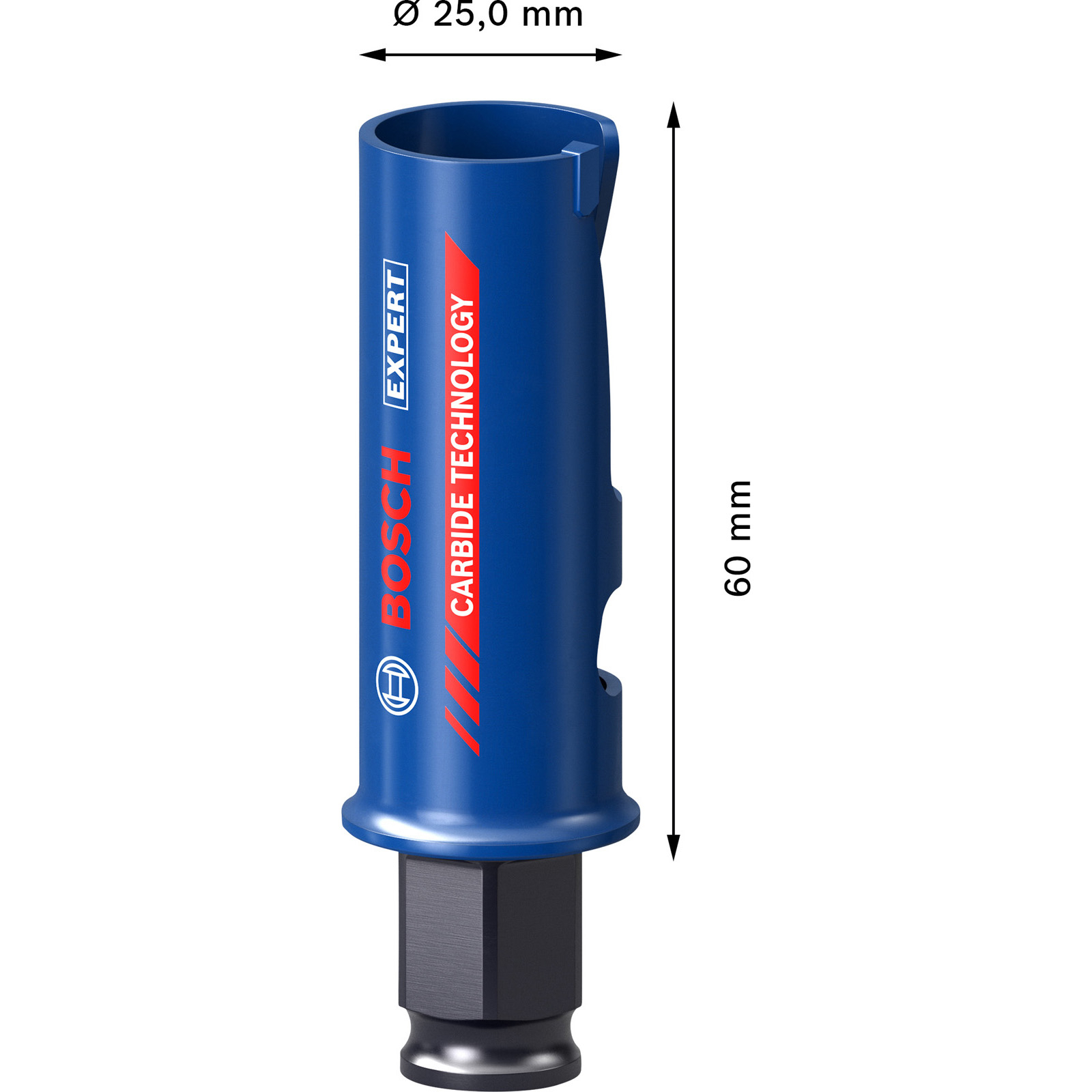 Niebieska piła otwornica Bosch Expert Carbide Technology z wymiarami. Piła jest niebiesko-czarna.