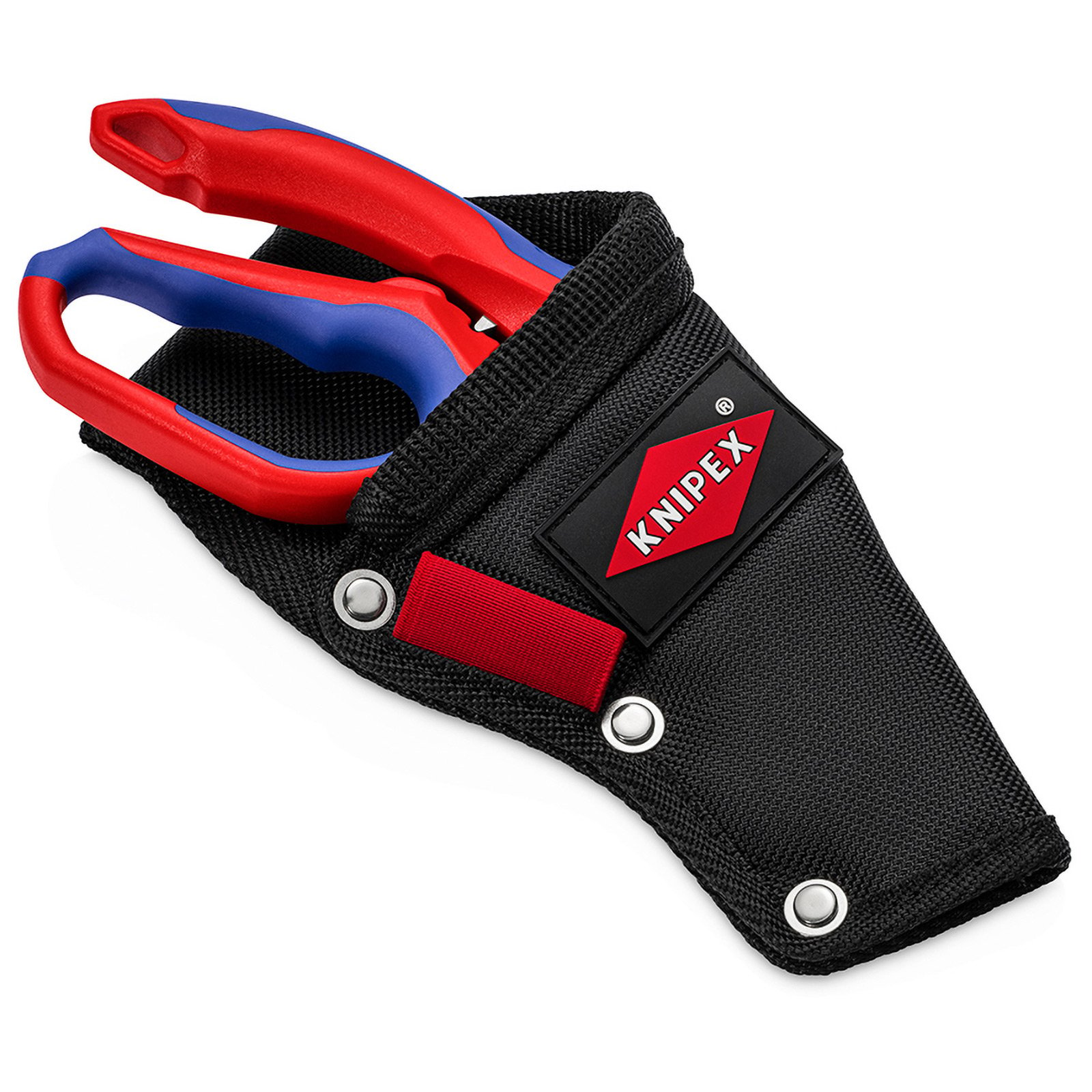 Schere in einer schwarzen Tasche mit KNIPEX-Logo. Die Schere hat rote und blaue Griffe.
