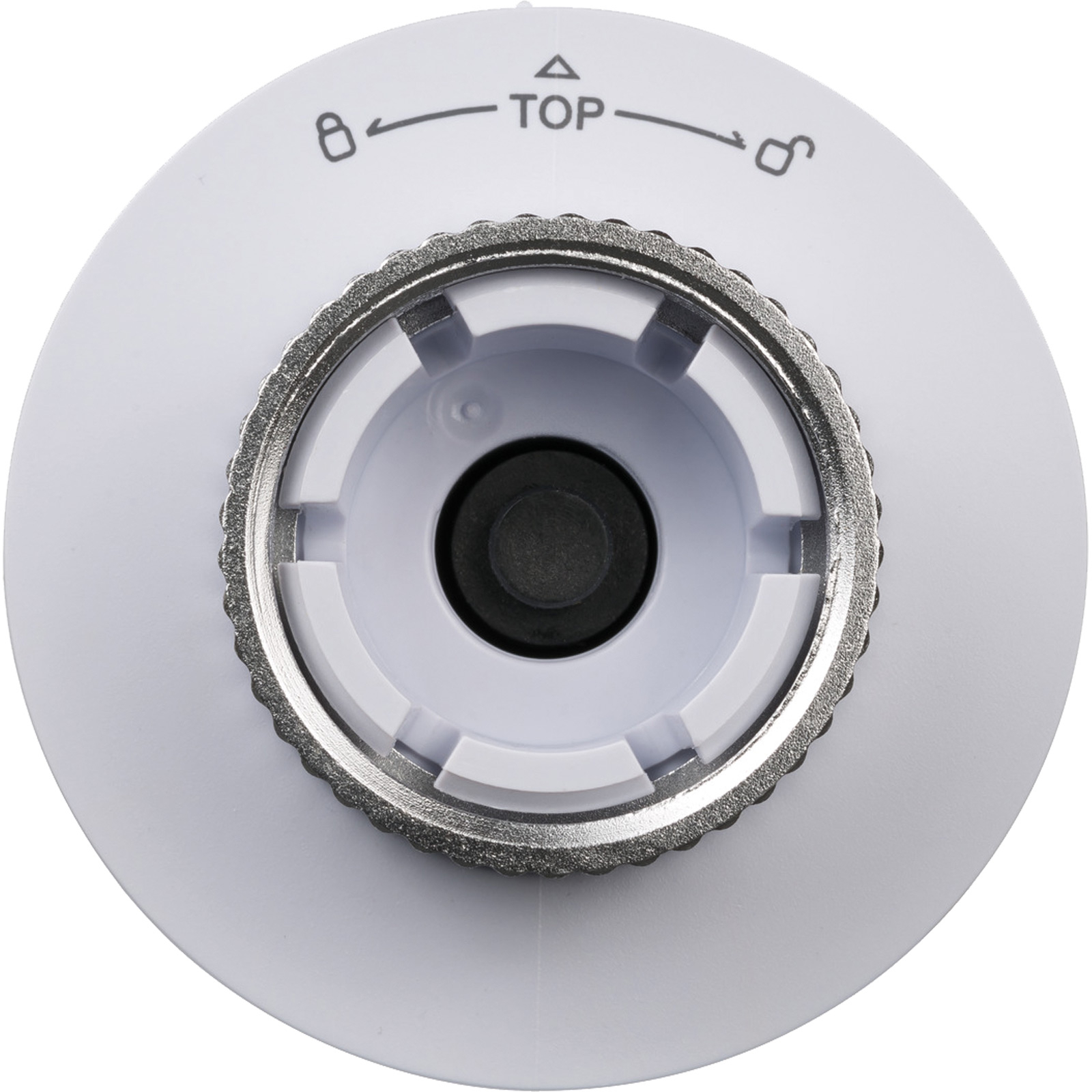 Draufsicht auf ein weißes Thermostat. Es hat einen silbernen Ring, Pfeile und Schlosssymbole.