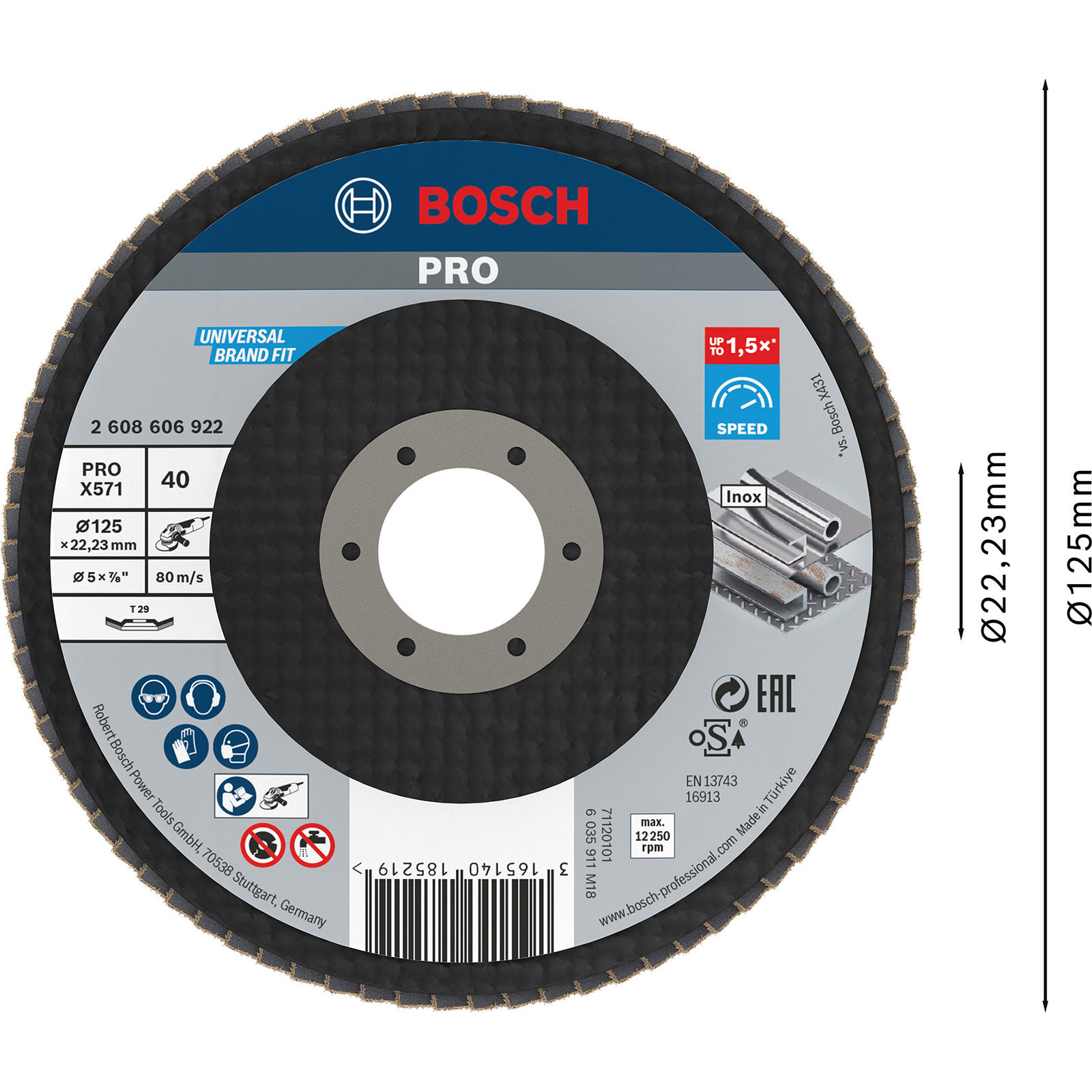 Un disco di smerigliatura circolare Bosch con testo e dati. Ha un bordo nero.