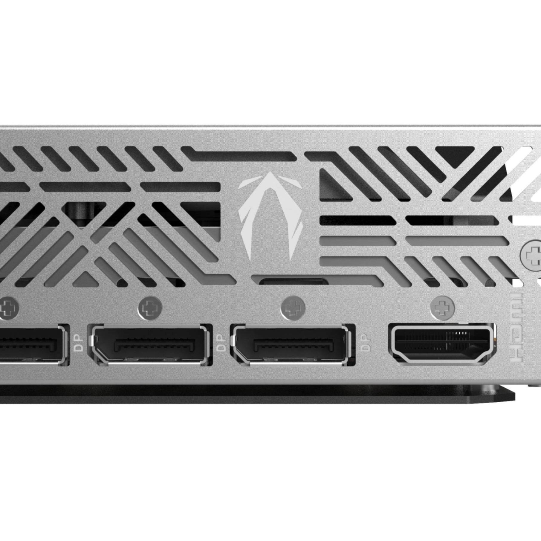 Srebrna i czarna karta graficzna z wieloma portami, w tym DP i HDMI.