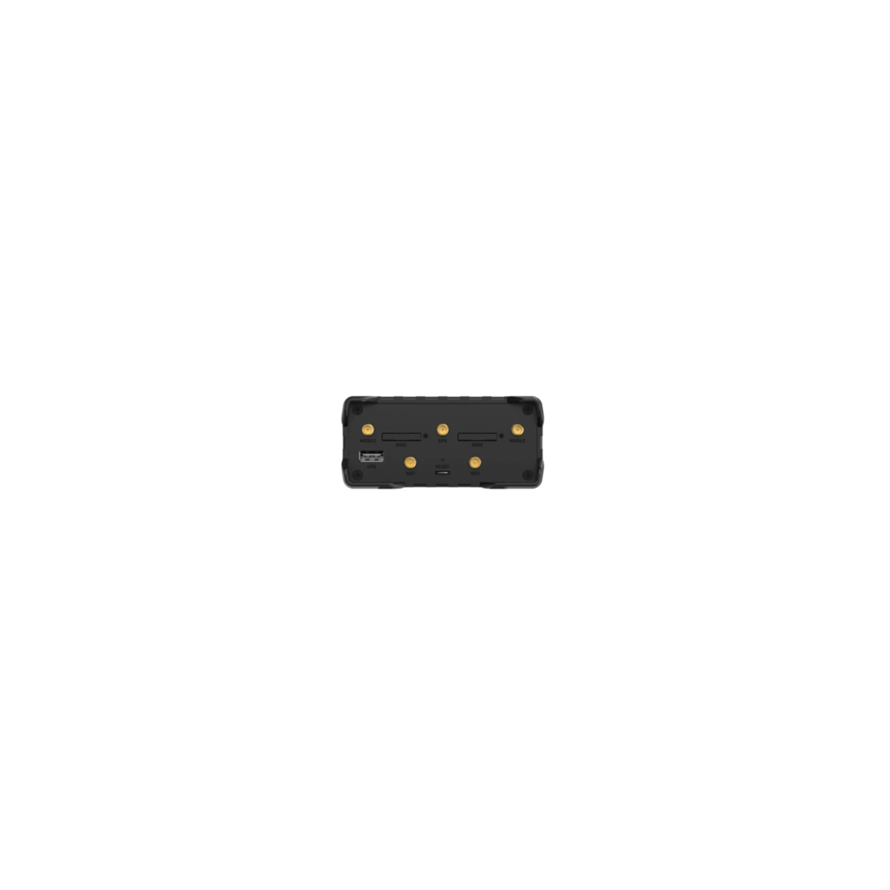 A black electronic device with multiple ports. The device has a series of lights and is on a surface.
