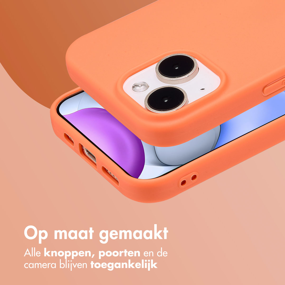 A phone case and its parts on an orange surface, with text at the bottom.