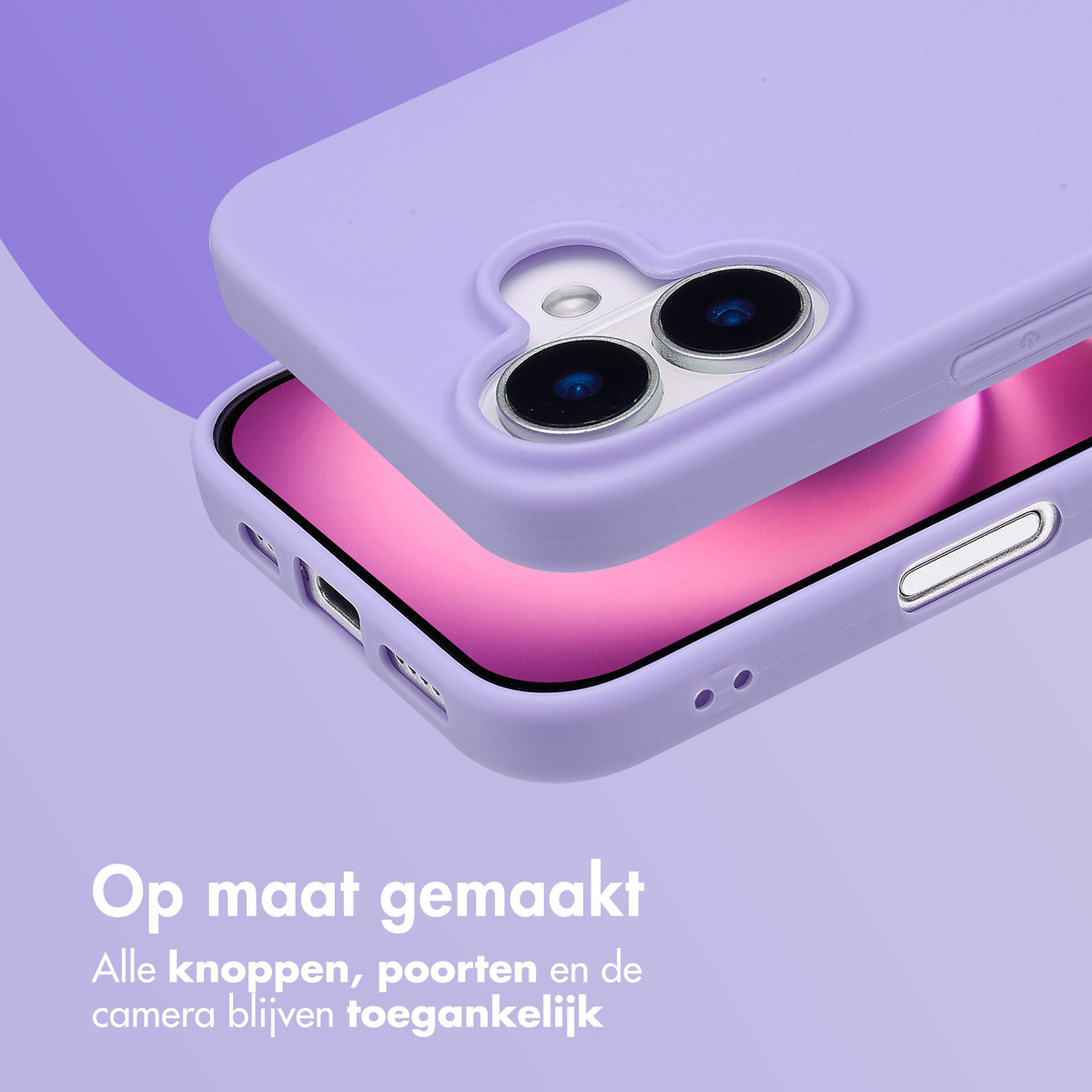 Une coque de téléphone et ses parties sur une surface violette, avec du texte en bas.