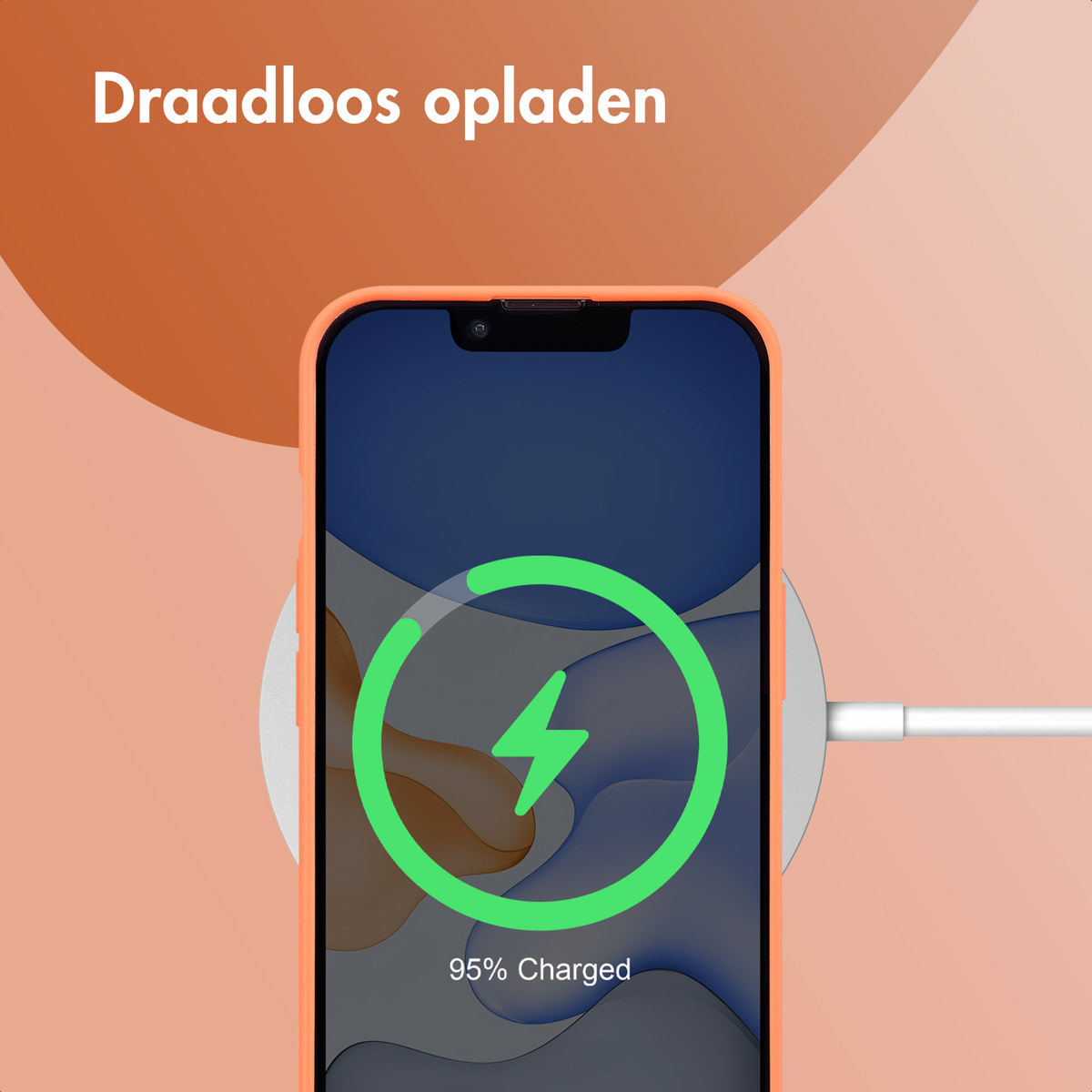A phone charging wirelessly on a white charging pad, with a green charging icon.