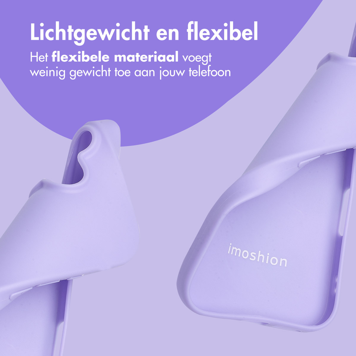 Coque de téléphone et ses parties sur surface violette, avec la marque 'imoshion'.