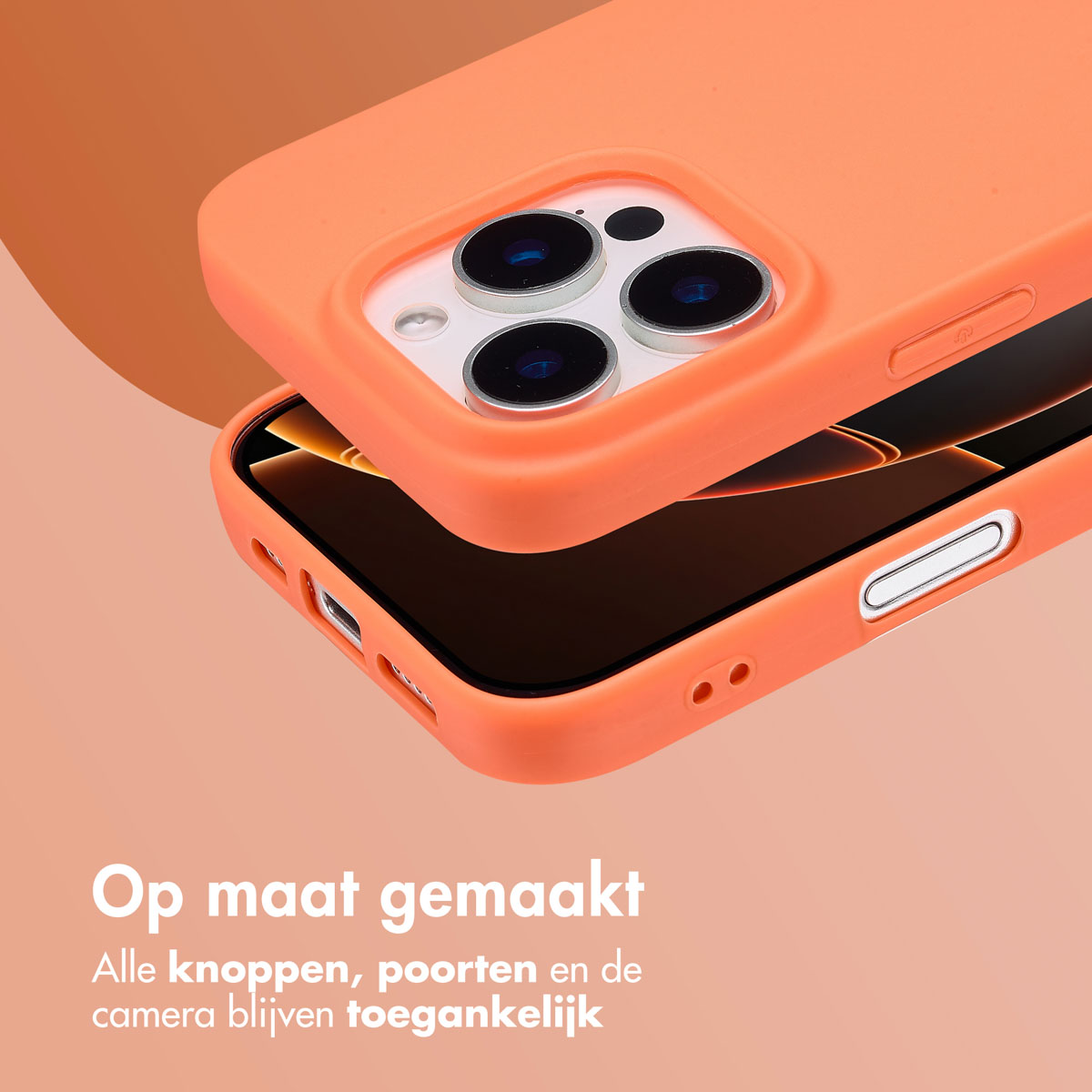 Coque de téléphone orange avec le téléphone à l'intérieur. Coque ouverte. Texte en bas.