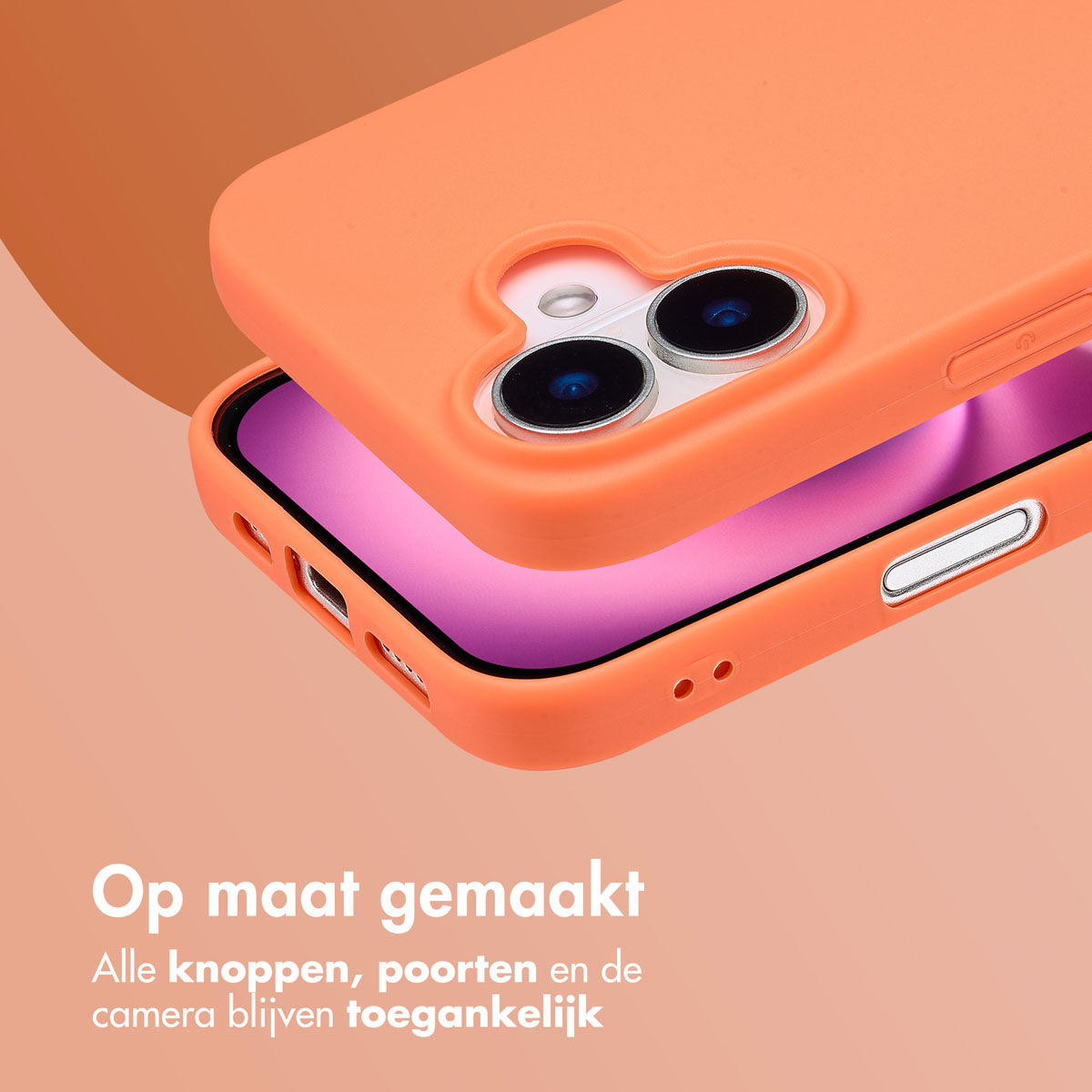 Orange phone case with the phone inside. The case is open. Text at the bottom.