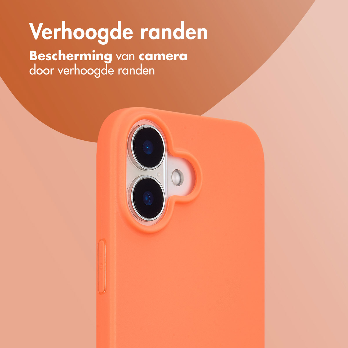 Close-up of an orange phone case with camera. The background is a peach color. Phone camera is visible.