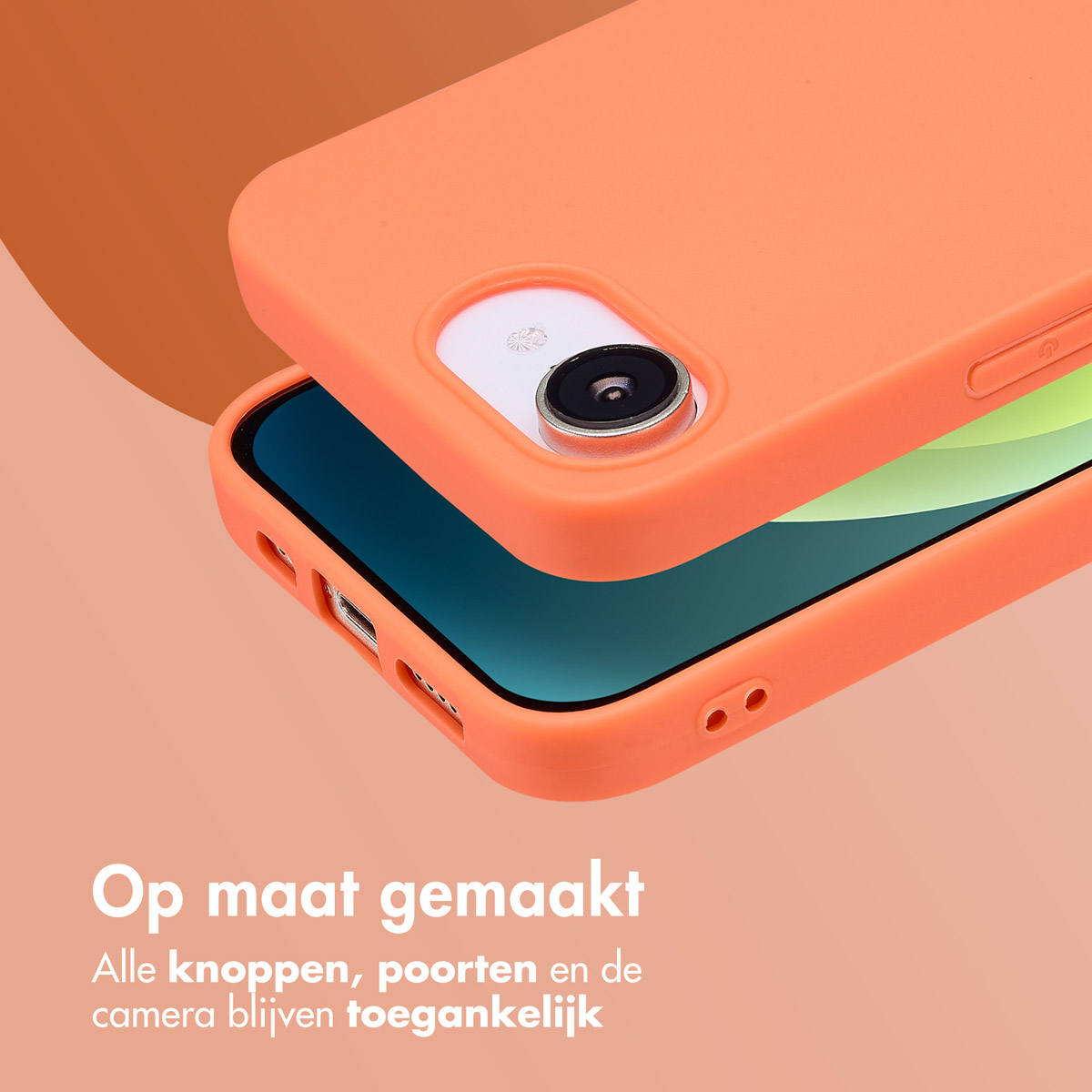 Orangefarbene Handyhülle und Telefon. Die Hülle ist offen und zeigt das Telefon. Pfirsichfarbener Hintergrund.