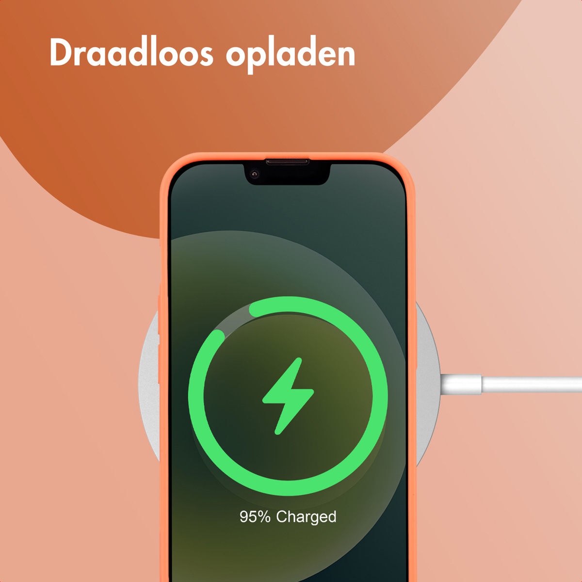 Phone with orange case charging wirelessly. The screen shows a green lightning bolt icon.