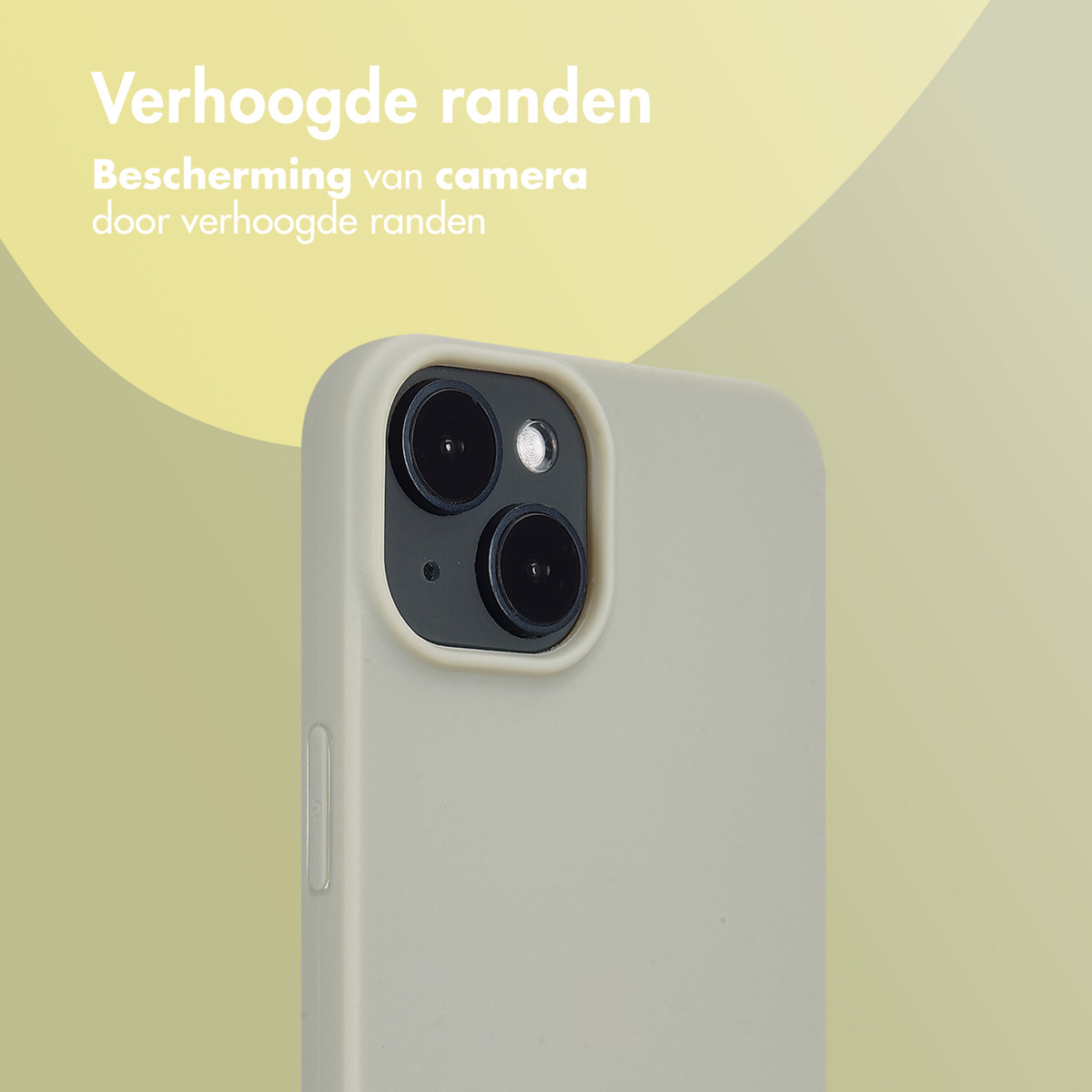 Close-up van een telefoonhoesje. De hoes is grijs. Het heeft opstaande randen om de camera te beschermen.