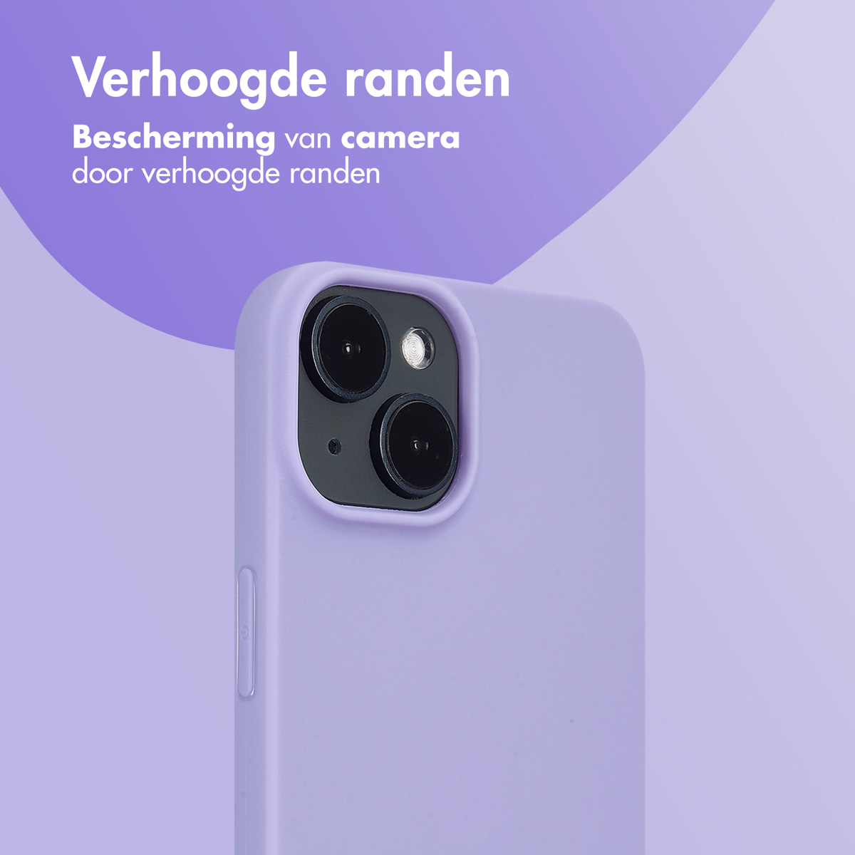Een close-up van een paarse telefoonhoes met twee cameralenzen. De achtergrond is een paarse gradiënt.