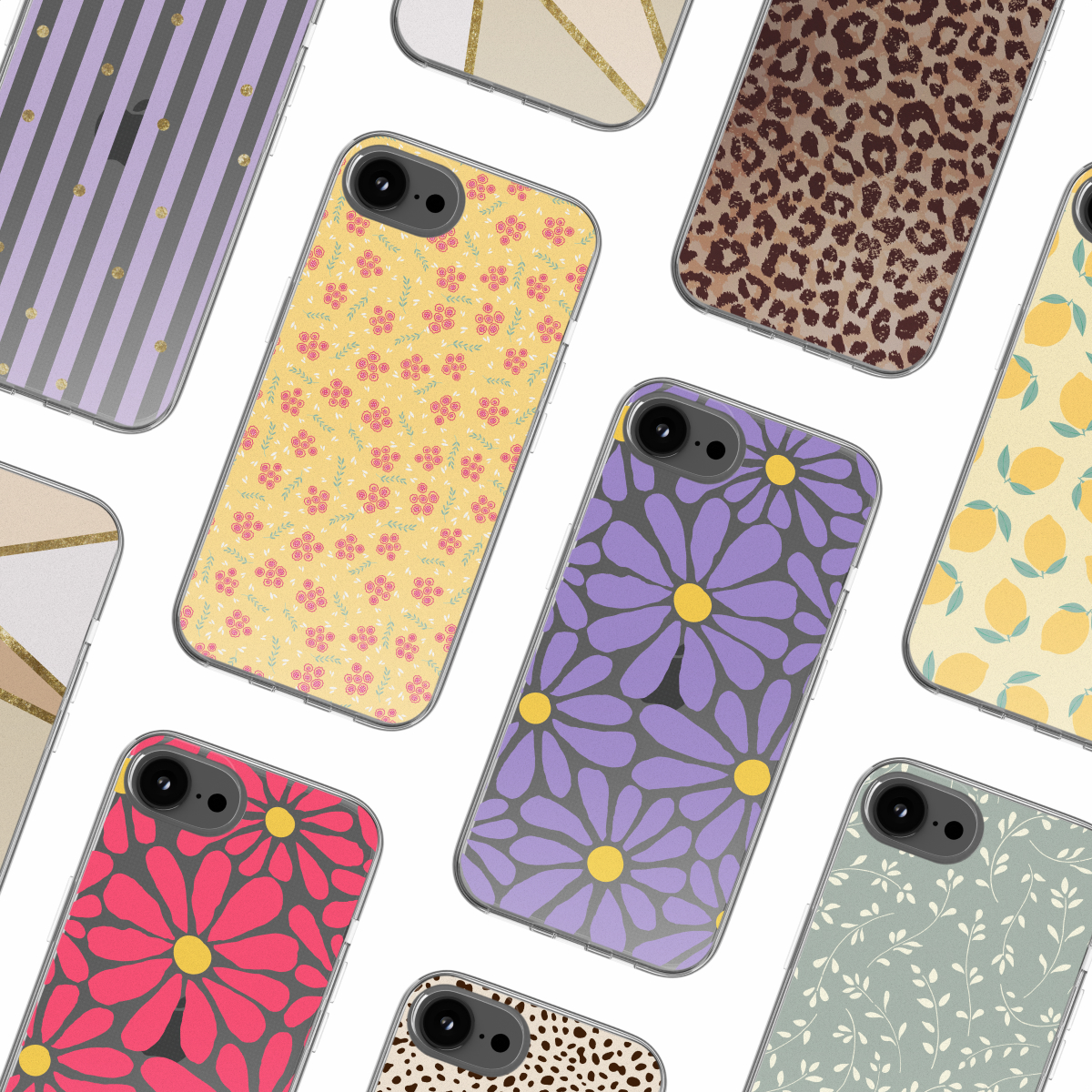 Telefonhüllen mit verschiedenen Mustern: Blumen, Leopardenmuster, Streifen und geometrische Designs auf weißem Hintergrund.