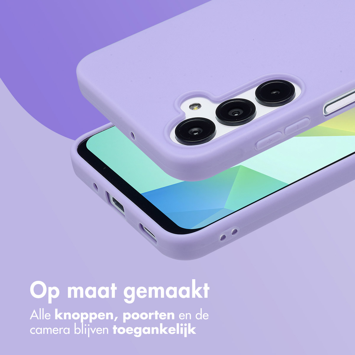 Lila Handyhülle mit Telefon. Kamera und Knöpfe sind zugänglich. Lila Hintergrund.