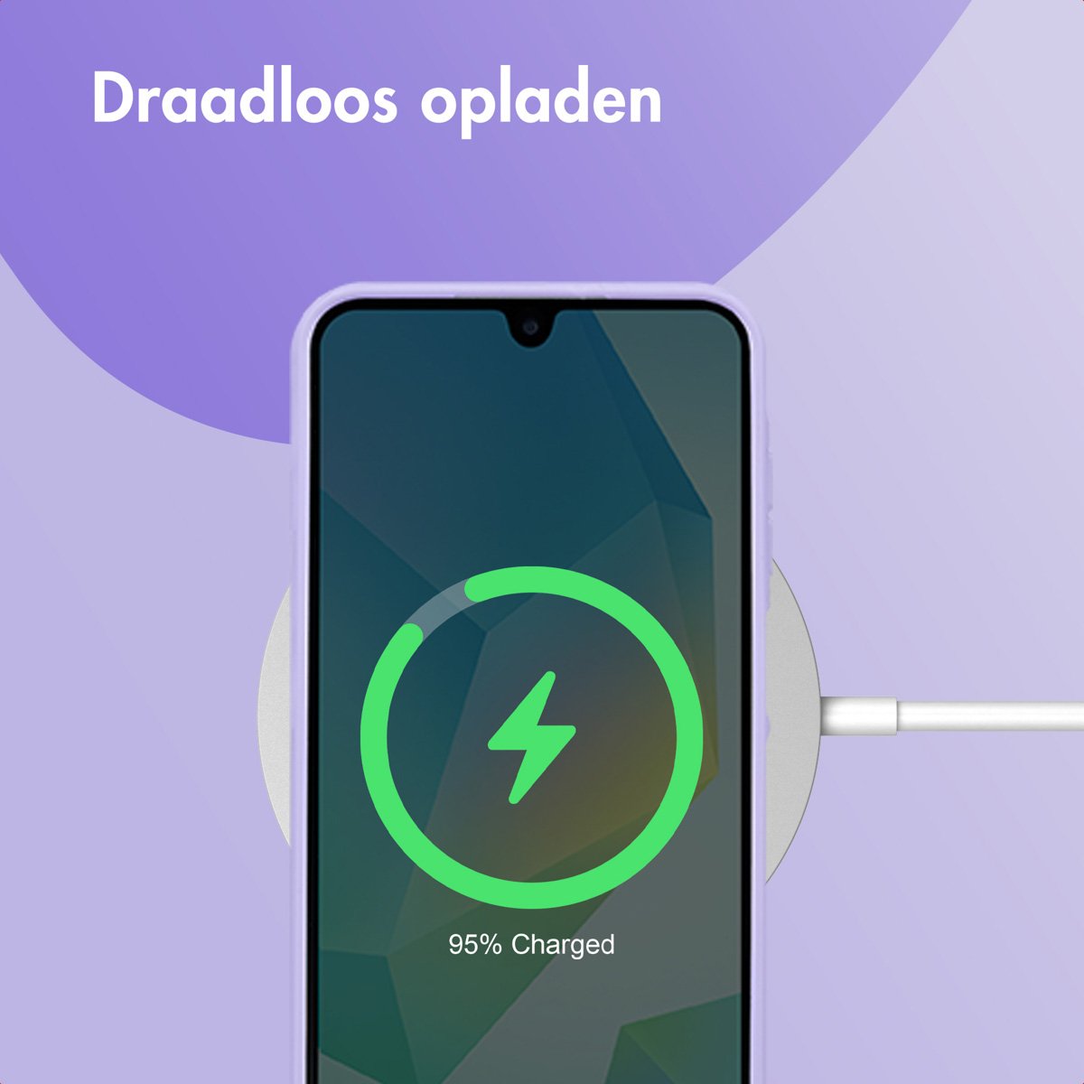 Ein Telefon lädt drahtlos und zeigt 95 % geladen an. Ein grünes Blitzsymbol befindet sich in der Mitte.