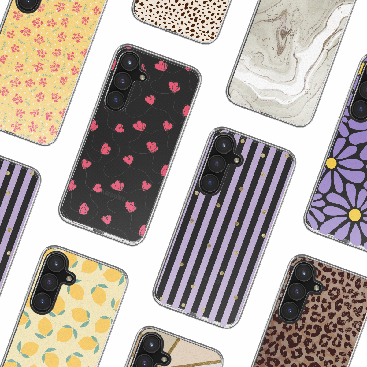 Telefoonhoesjes met diverse patronen: bloemen, luipaardprint, strepen en geometrische ontwerpen, op een witte achtergrond.