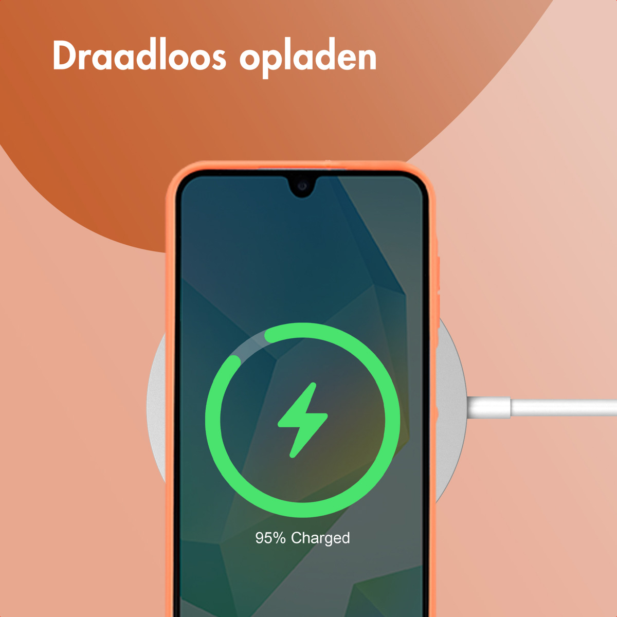 A phone charging wirelessly, with a green lightning bolt icon. Orange background.