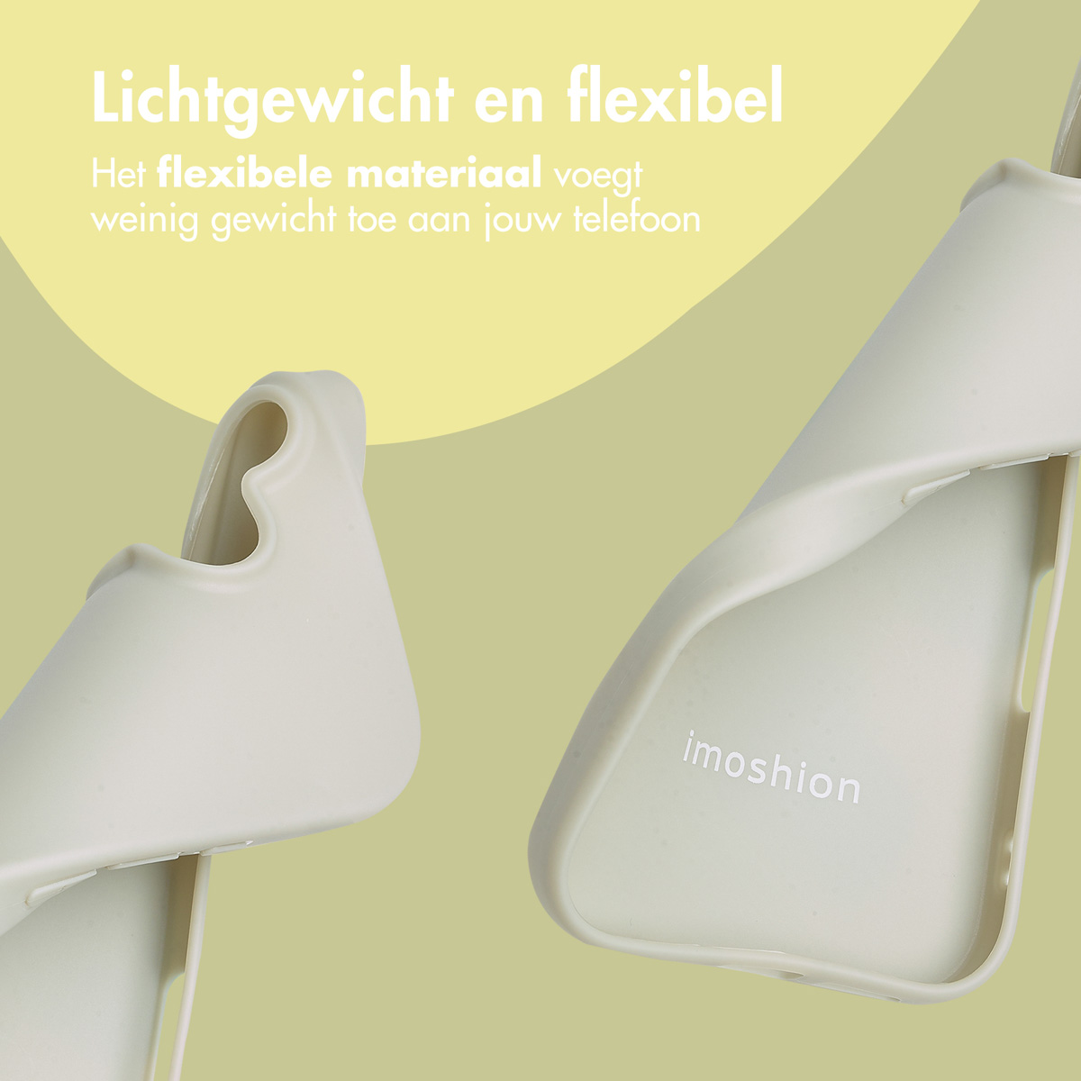 Deux coques de téléphone vert clair sont présentées. Les coques sont souples et portent la marque 'imoshion'.
