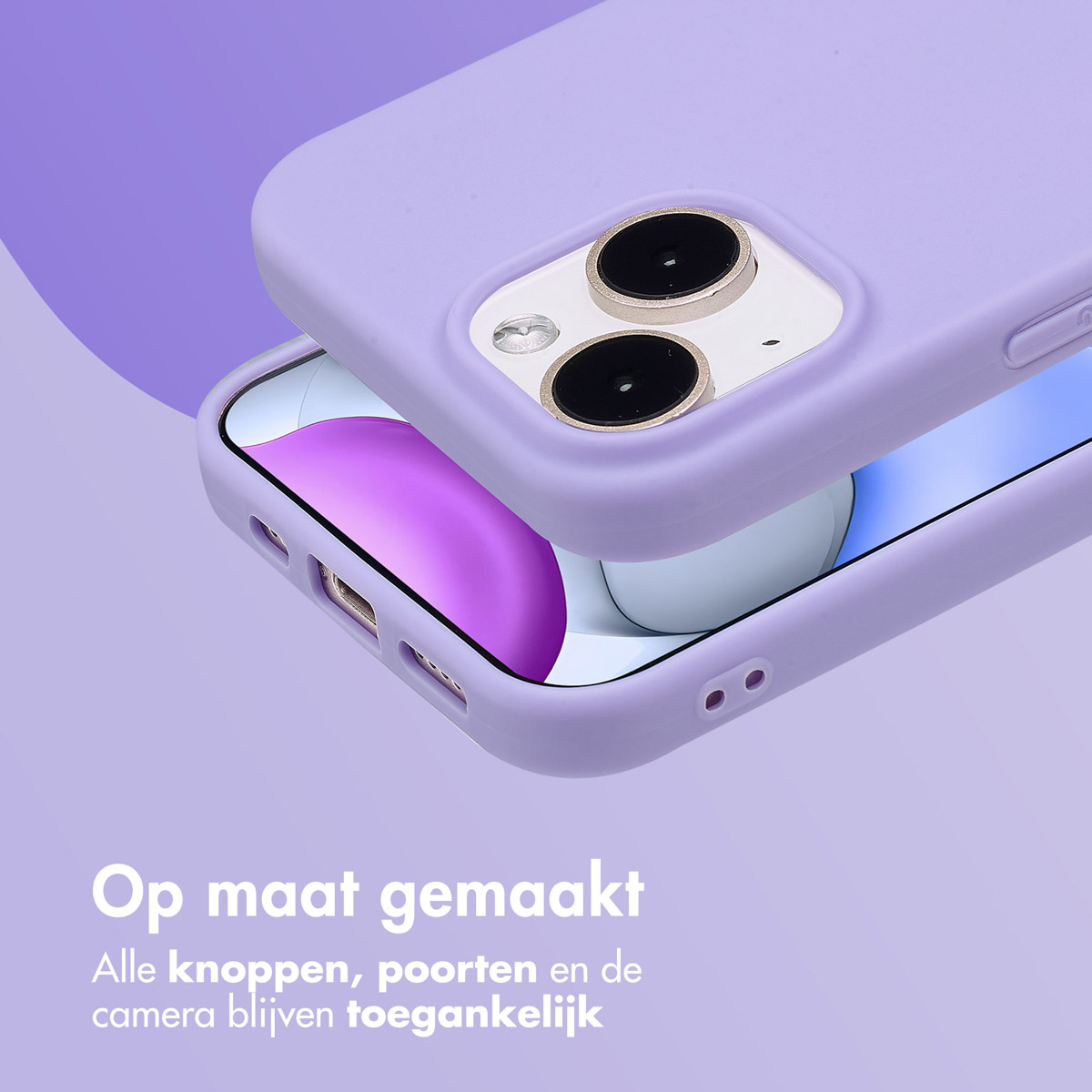 Close-up of a phone case. The case is purple and covers the phone, with text at the bottom.