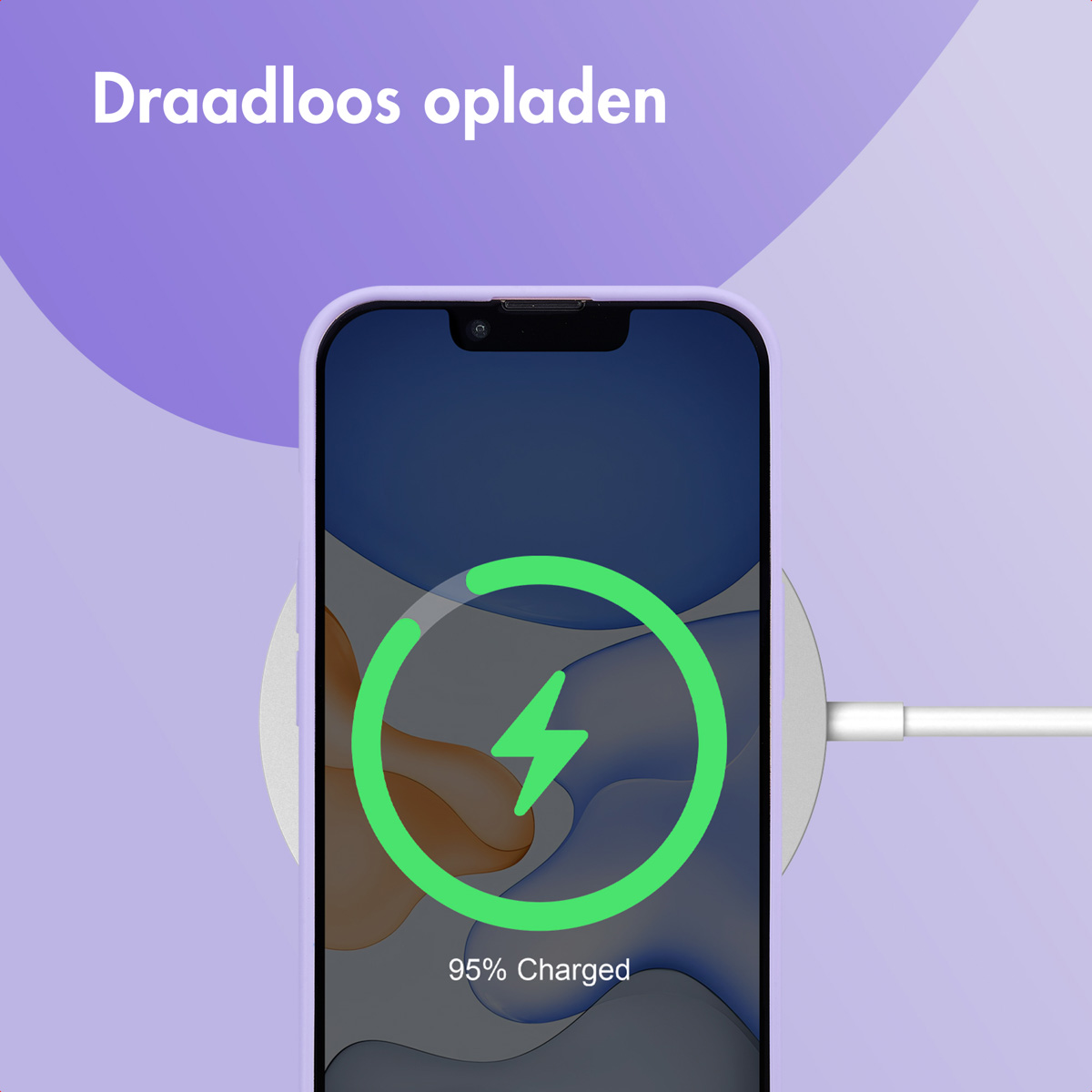 A purple phone wirelessly charging, the screen indicates 95% charged with a green lightning bolt symbol.