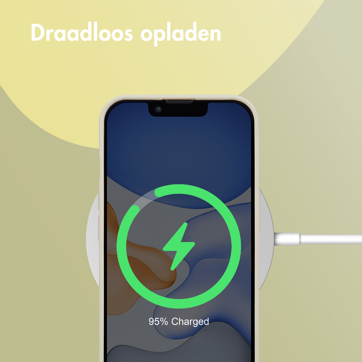 A phone charges wirelessly. The phone screen shows a charging symbol with 95% charged. The phone is surrounded by a white case.