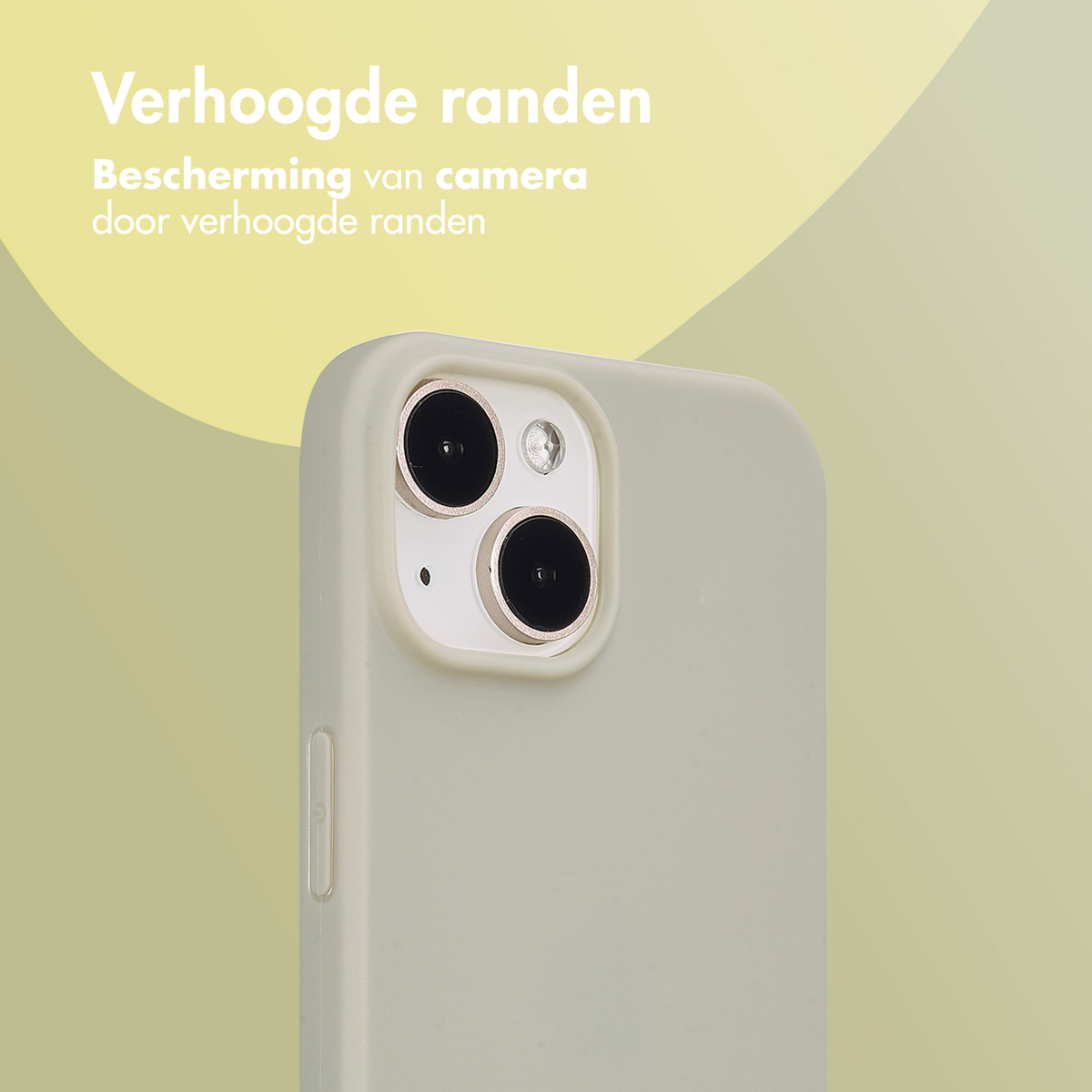 A phone case with raised edges. The text says 'Raised edges', and 'Protection of the camera through raised edges'.