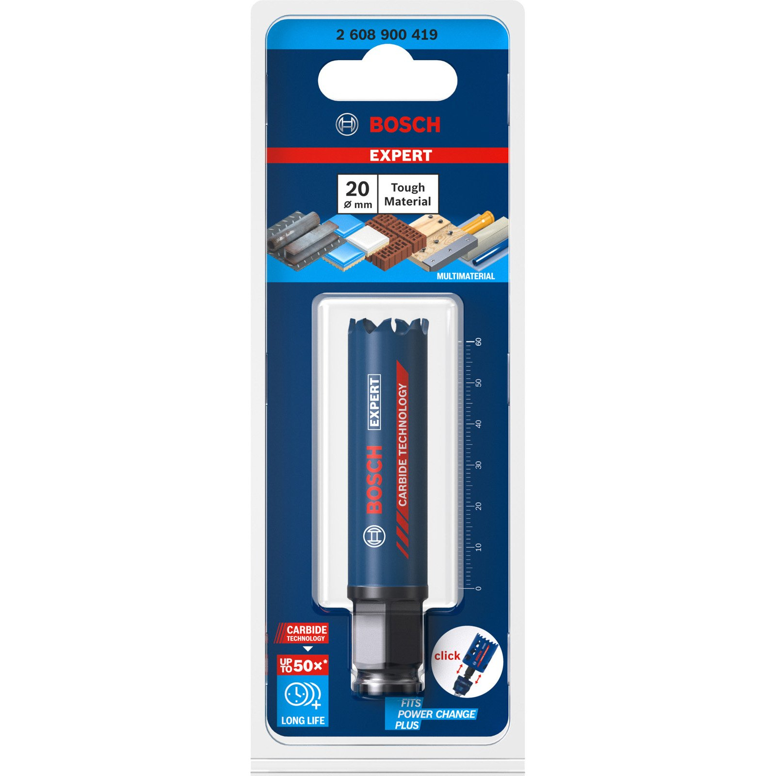 Opakowanie wiertła. Ma niebieskie wiertło, a marka to Bosch.