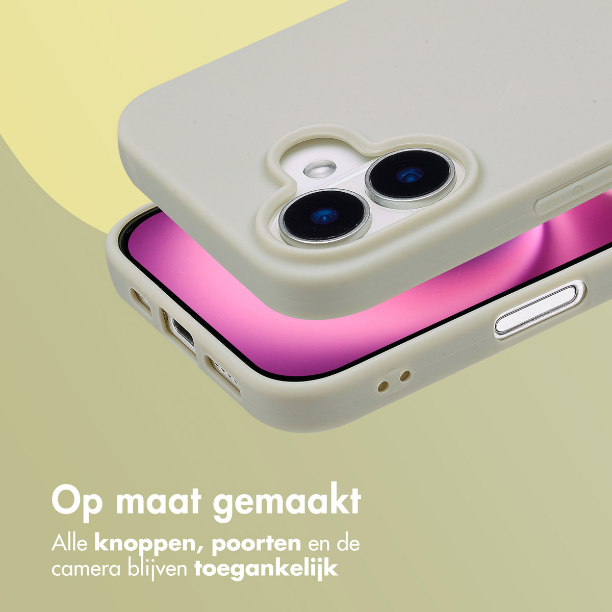 Gros plan d'une coque de téléphone, montrant les boutons, ports et caméra accessibles. La coque est beige.