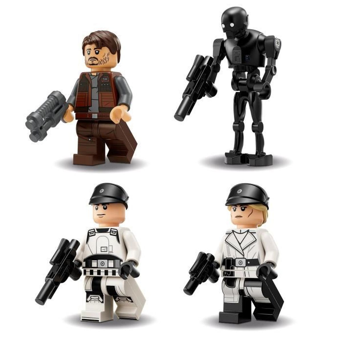 Cztery figurki Lego Star Wars: mężczyzna, czarny robot i dwie postacie w białych mundurach, wszyscy trzymający blastery.